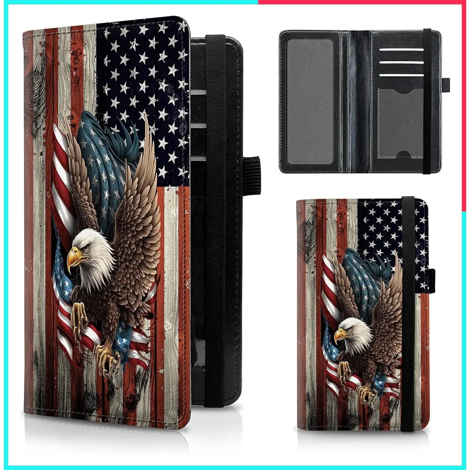Leather Checkbook Cover for Men Women, RFID Blocking Personal Checkbook Holder with Elastic Strap - Bald Eagle with Flag