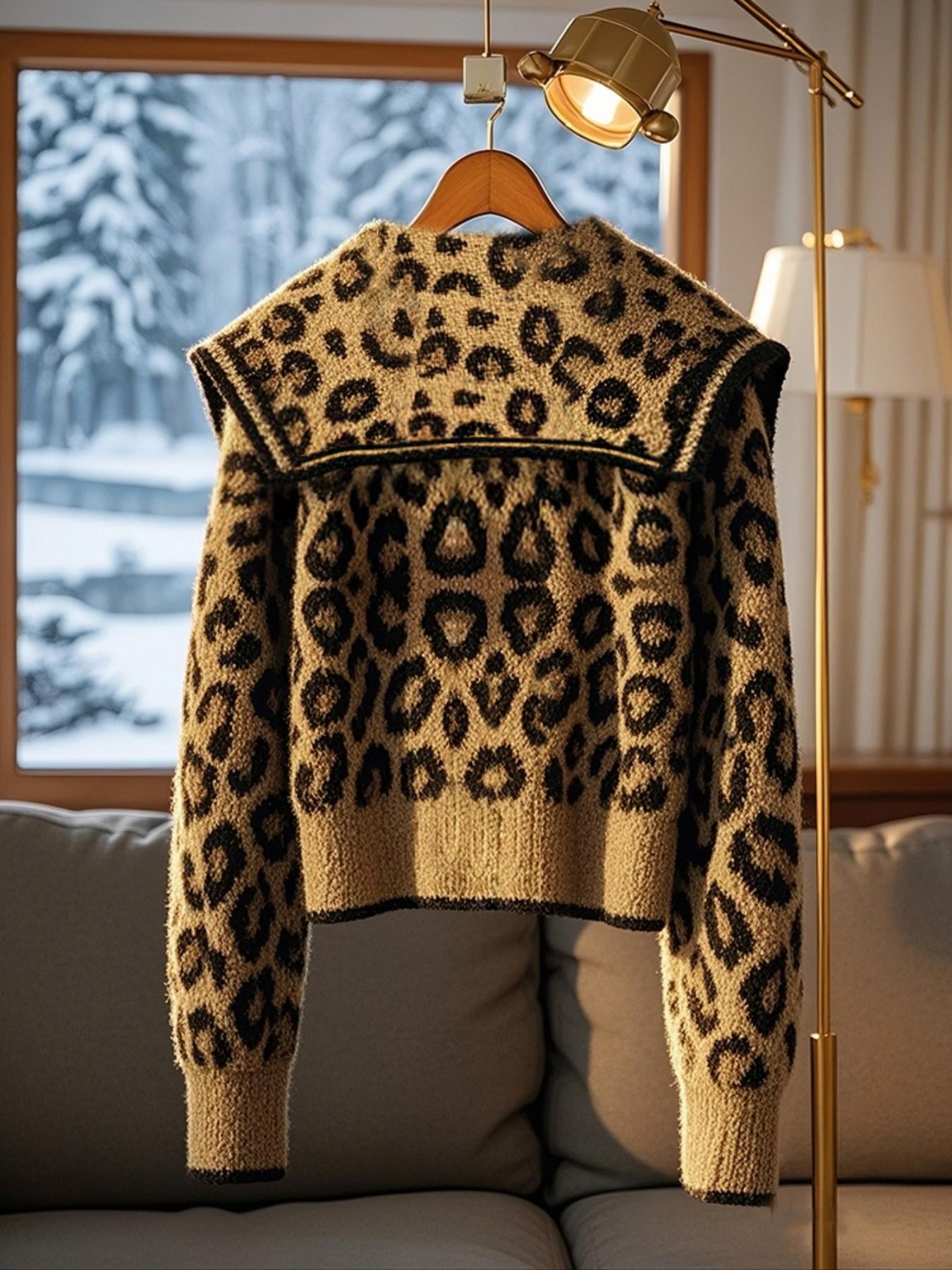 Women's Casual Lapel Cardigan Knitwear, Leopard Print, Slim-Fitting, Fall & Winter, Perfect for Dates, Parties, School Returns