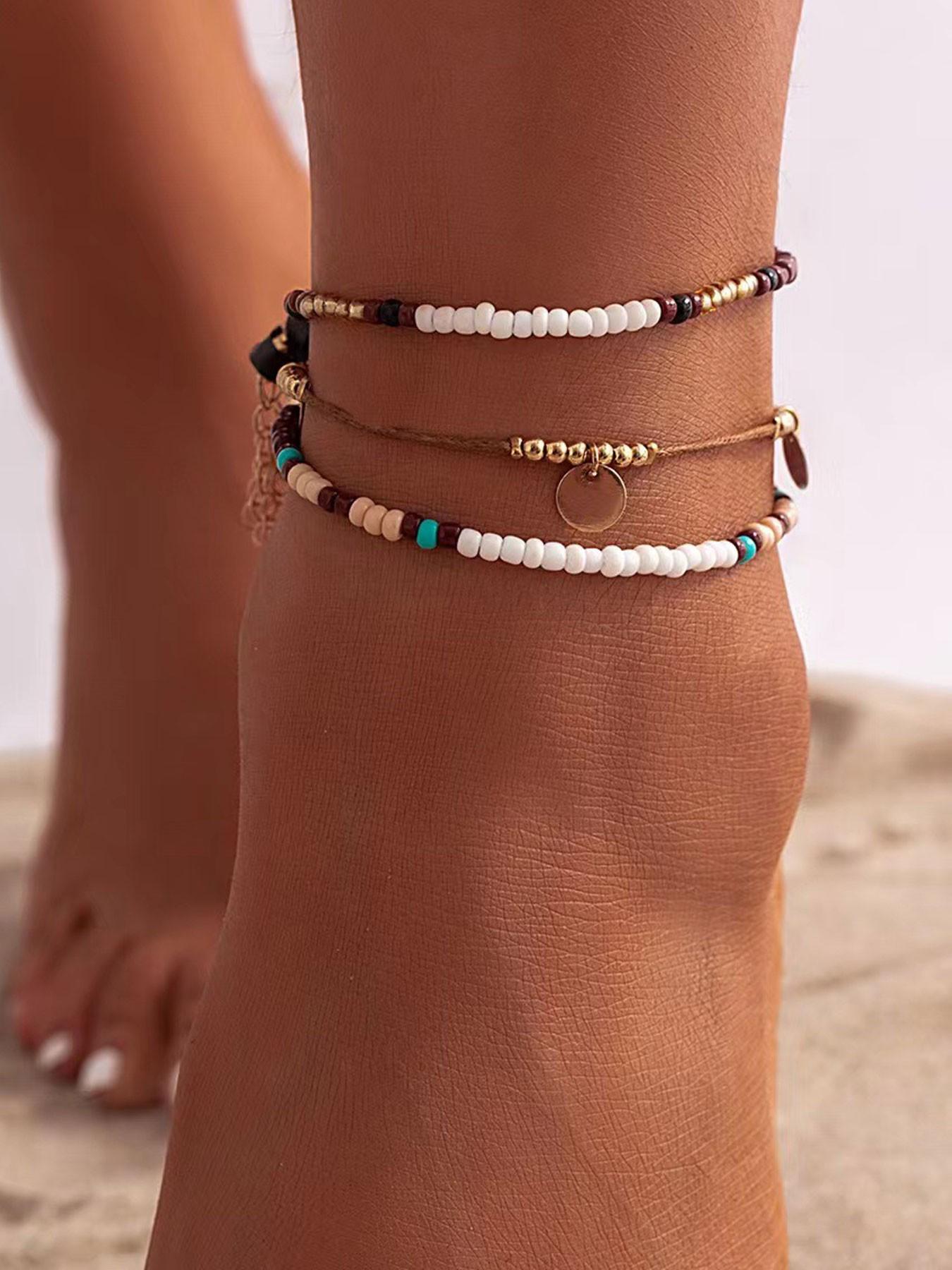 Bohemian Beaded Anklet Set (3 Pieces), Layered Anklet, Adjustable Multi-Layer Chain Ankle Bracelets for Women and Girls, Fashion Body Jewelry for Beach Party Vacation