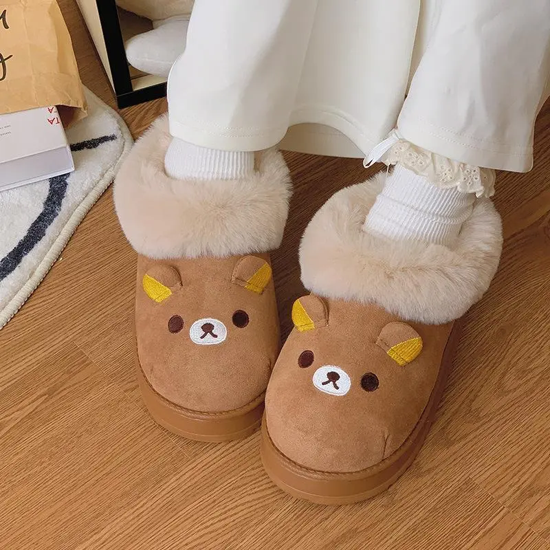 Women's Rilakkuma Cotton Slip-On Slippers - Cute Casual Winter Footwear with Heel, Anti-Slip Sole, Warm Fur Liner, Comfortable for Indoor & Outdoor Use, Bag With Style A