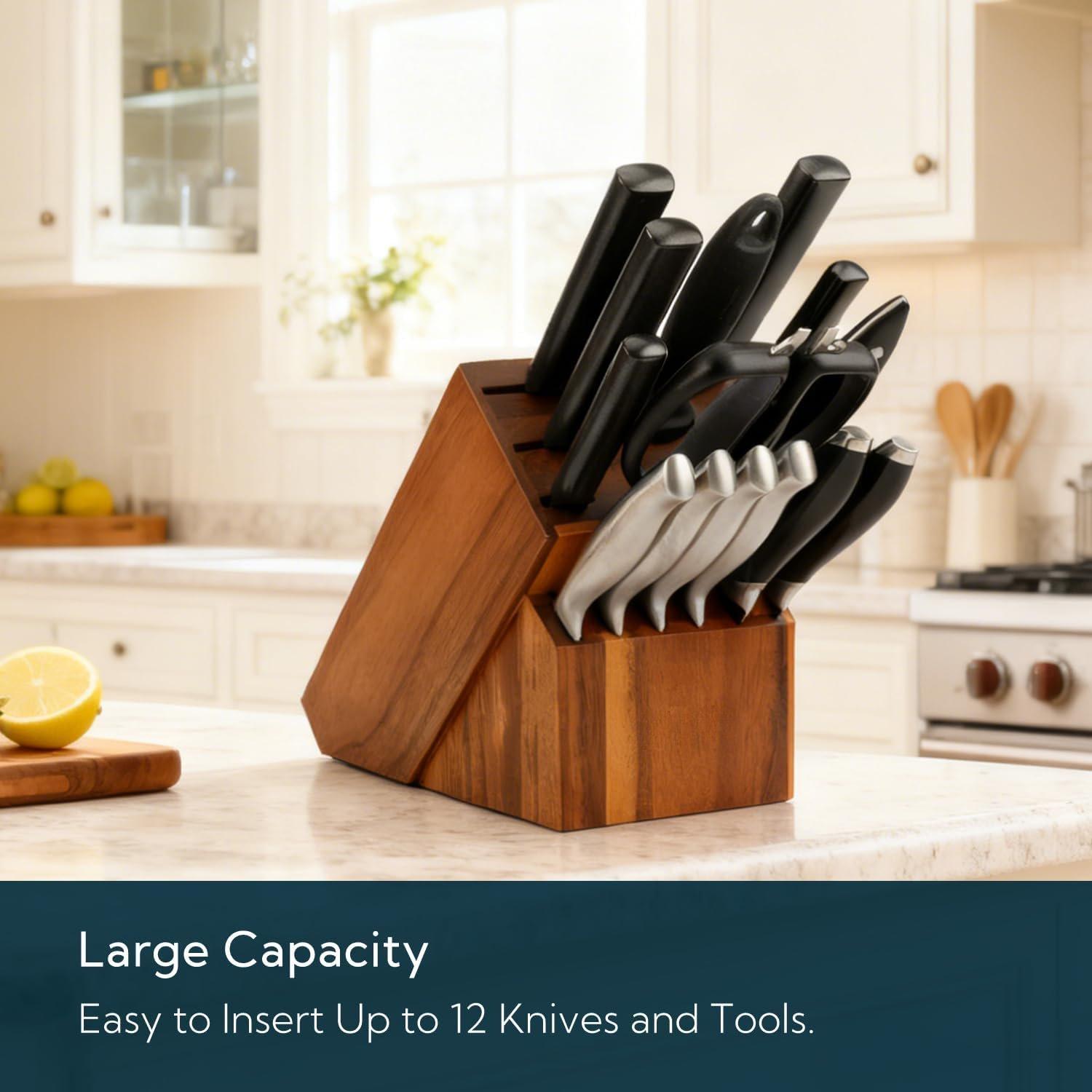 14 Slot Acacia   Block without , Universal  Holder for Kitchen, Holding Multiple Types of , Countertop Butcher Block  Stand for Easy Kitchen Storage