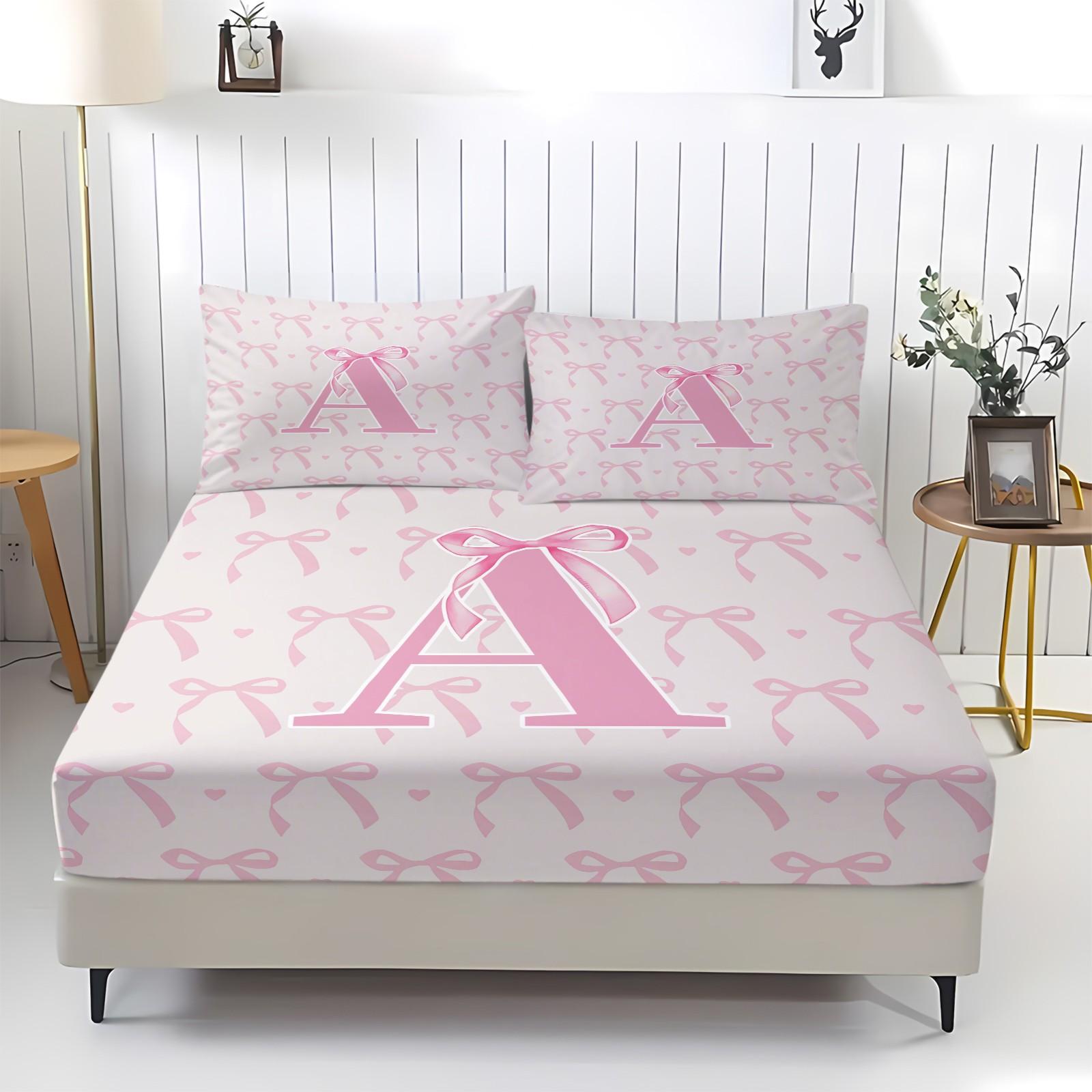 3Pcs Pink Bow Fitted Sheet Set, Custom Initial Sweet Print, Breathable Non-slip Fit, Ideal for Bedroom Dorm Home Decor