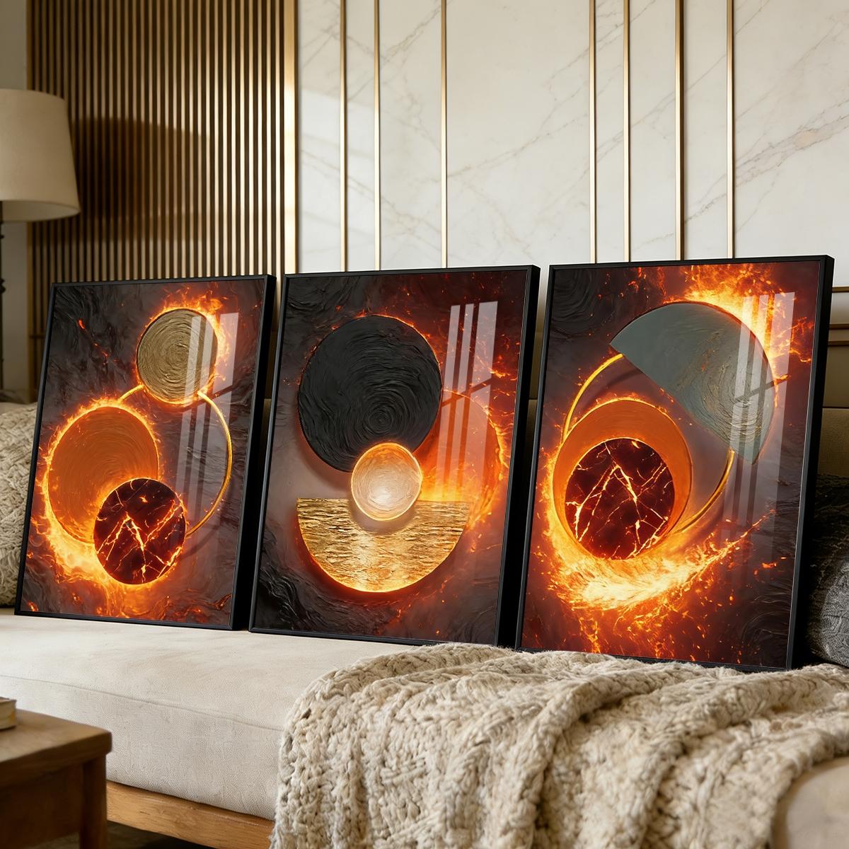 3 Counts Aluminum Alloy Framed Painting, Abstract Fire And Lava Geometry Pictures, Home Decoration For Living Room, Bedroom, Office, Restaurant, Hallway Wall Decor, Odorless Print Artwork, Luxury Perfect Gift For Friends And Family