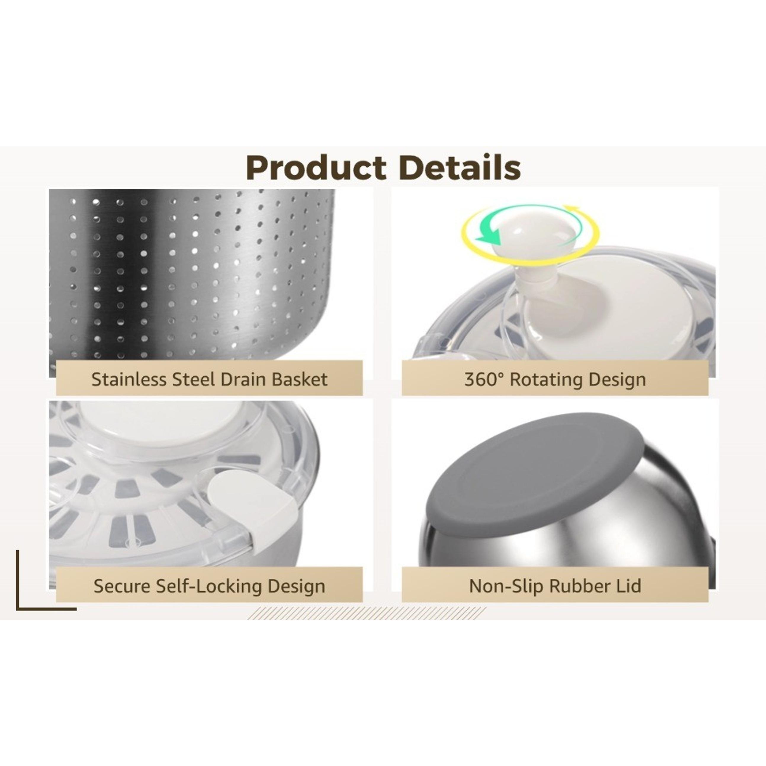 Large Stainless Steel Salad Spinner, Lettuce Spinner Vegetable Strainer Set, Fruit Straining Spinner with Self-Locking Lid