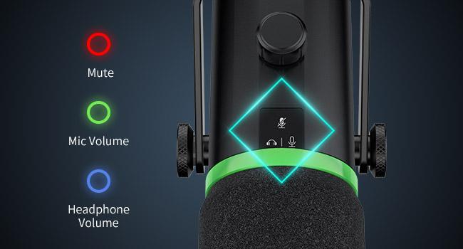 FEELWORLD PM1 XLR USB Dynamic Microphone with Boom Arm Stand for Podcast Recording PC Computer Gaming Live Streaming Vocal Voice-Over, Studio Metal Mic, RGB Light, Mute Button, Headphones Jack