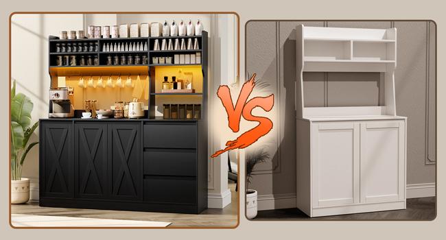 Buffet Sideboard Cabinet w/Power Outlets & LED Light, Large Kitchen Hutch Cabinet w/3 Drawers, Microwave Stand, Adjustable Shelves & 7 Cup Holders, Pantry Cupboard w/Doors