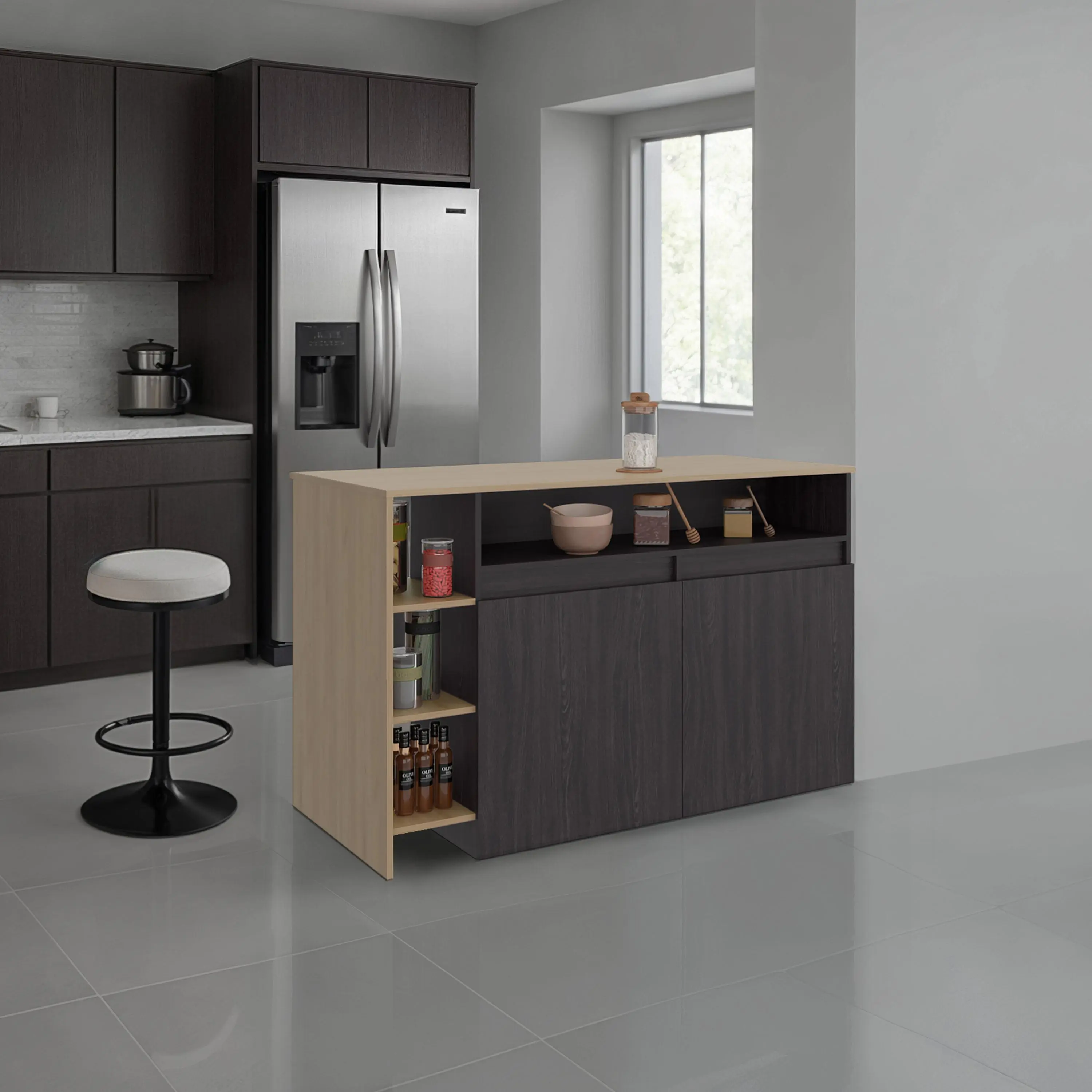 Freestanding Kitchen Island with 2-Door Cabinet and 4 Open Shelves, Counter-Height Dining Table and Food Prep Station, Modern Rectangular Particle Board, 53.1 x 25.7 x 35.4 in, Multi-Color Finish