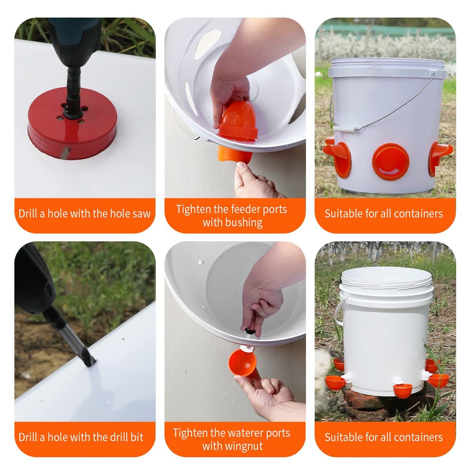 Automatic Chicken Duck Feeder Kit,No Waste Automatic Poultry Feeder Ports Kit & Waterer Set, Rainproof, No Waste,6 Feeding Ports, 6 Water Cups,A hole Saw and Drill Bit