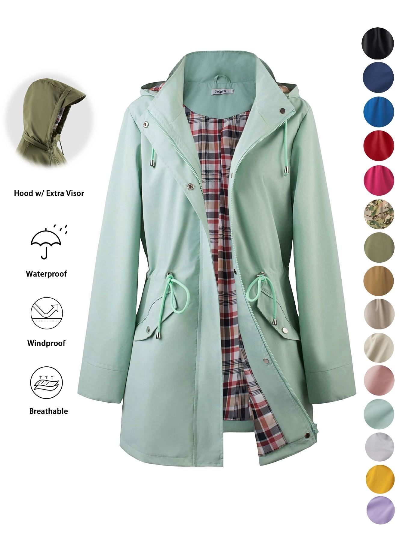 Women's Solid Color Drawstring Zip Up Hooded Trench Coat Raincoat, Casual Long Sleeve Waterproof Windproof Breathable Outerwear for Spring & Fall, Ladies Clothes for Daily Wear