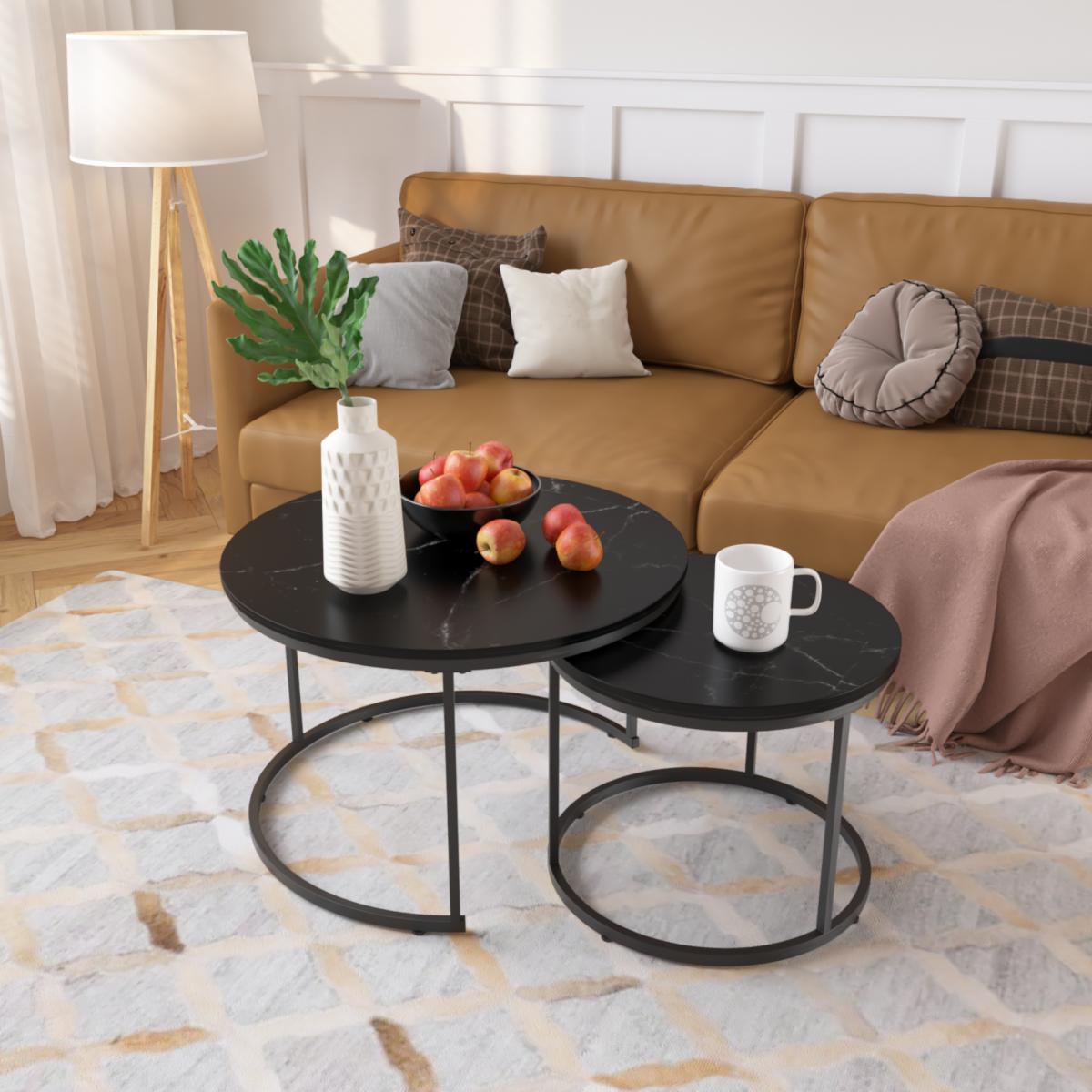 Nesting Coffee Table Set of 2, 27.6inch Round Coffee Table Wood Marble Pattern Top with Sturdy Metal Frame, End Table Side Tables for Living Room Bedroom Balcony Yard Nesting Coffee Table Set of 2, 27.6inch Round Coffee Table Wood Marble Pattern Top with Sturdy Metal Frame, End Table Side Tables for Living Room Bedroom Balcony Yard
