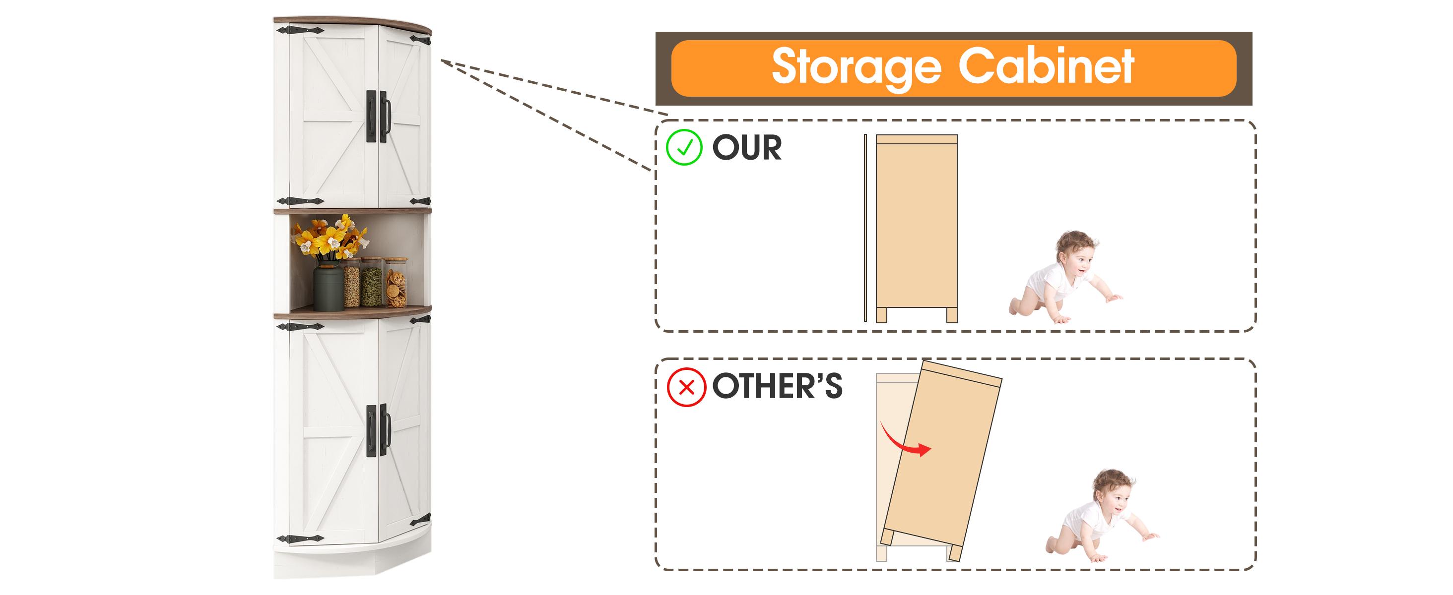 Vabches 64.8" Tall Farmhouse Corner Cabinet with 4 Doors and 5 Storage Shelves, Farmhouse Storage Cabinet with Barn Door Design, Home Space Saver for Living Room, Kitchen, Laundry Room