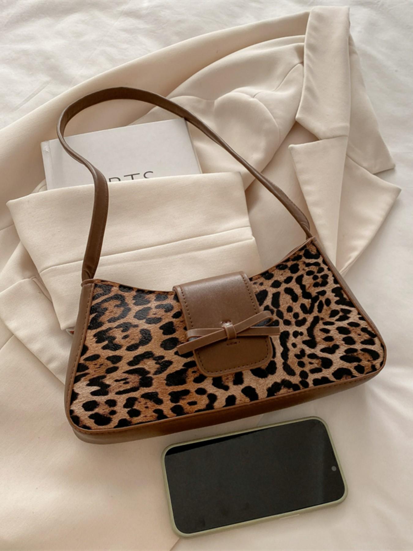 Leopard Print Fashion Trendy Bowknot Decorative Shoulder Bag, Stylish High-End Commuter Backpack, Unique Personality Design