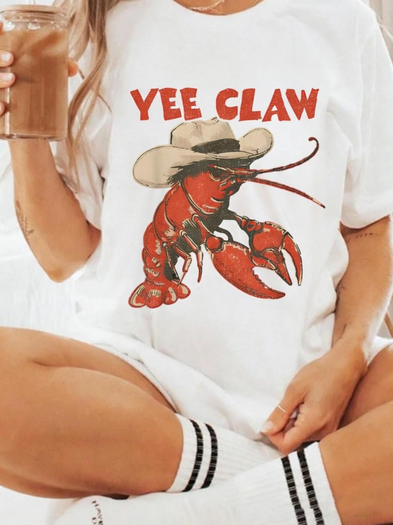 Cowboy Crawfish Vintage Oversized Graphic T-Shirt Beachwear Summer Vacation Western Style Funny Lobster Tee Casual Streetwear Coastal Aesthetic Soft Trendy Outfit Women Holiday Fashion Cute Graphic Tee Comfortable Loose Fit Summer Top Beach Outfit Street