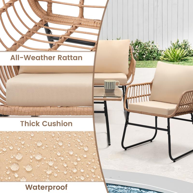 4 Piece Patio Bistro Outdoor Furniture Set, Wicker Sofa, 2 Rattan Chairs, and Table, Backyard Conversation Set, All Weather Cushions，for Garden,Poolside, Backyard