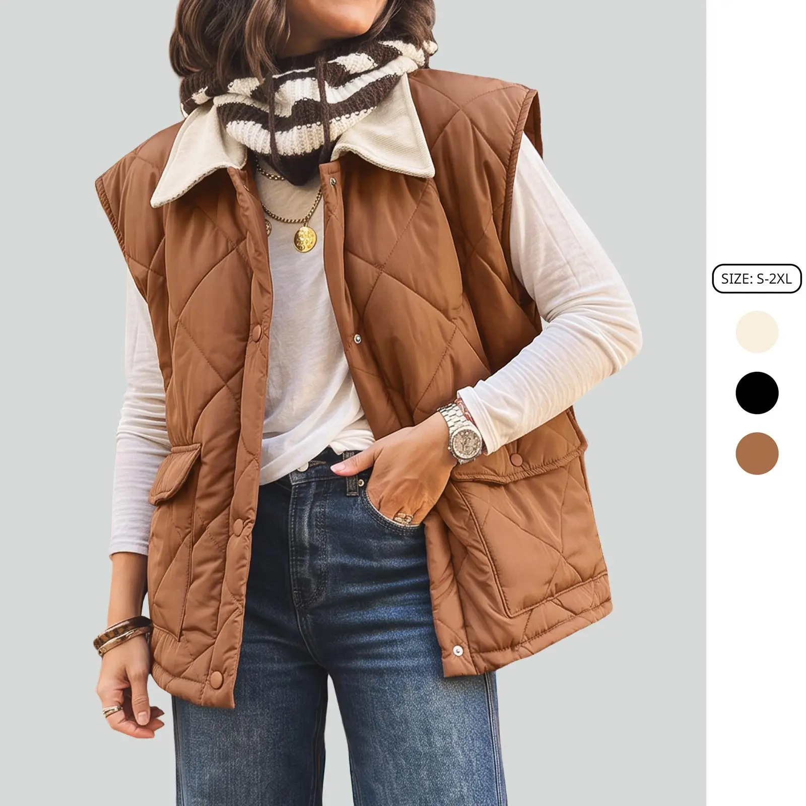 Imily Bela Contrast Collar Diamond Quilted Puffer Vest Women Casual Sleeveless Warm Padded Waistcoat with Side Pockets