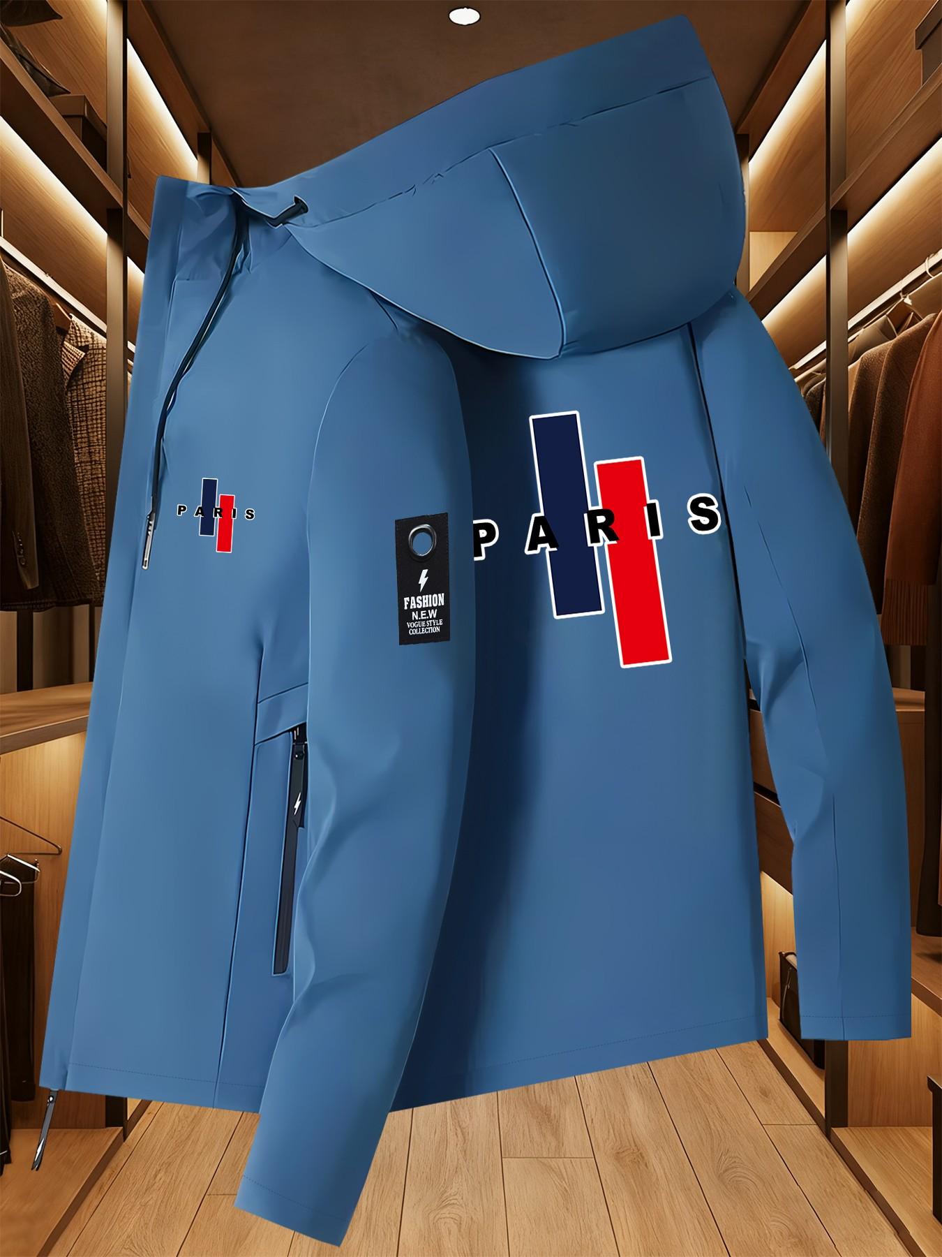 Paris Letter Print Jacket, French Flag Color Hooded Windbreaker, Casual Long Sleeve Loose-Fit Top, Geometric Pattern, All Seasons