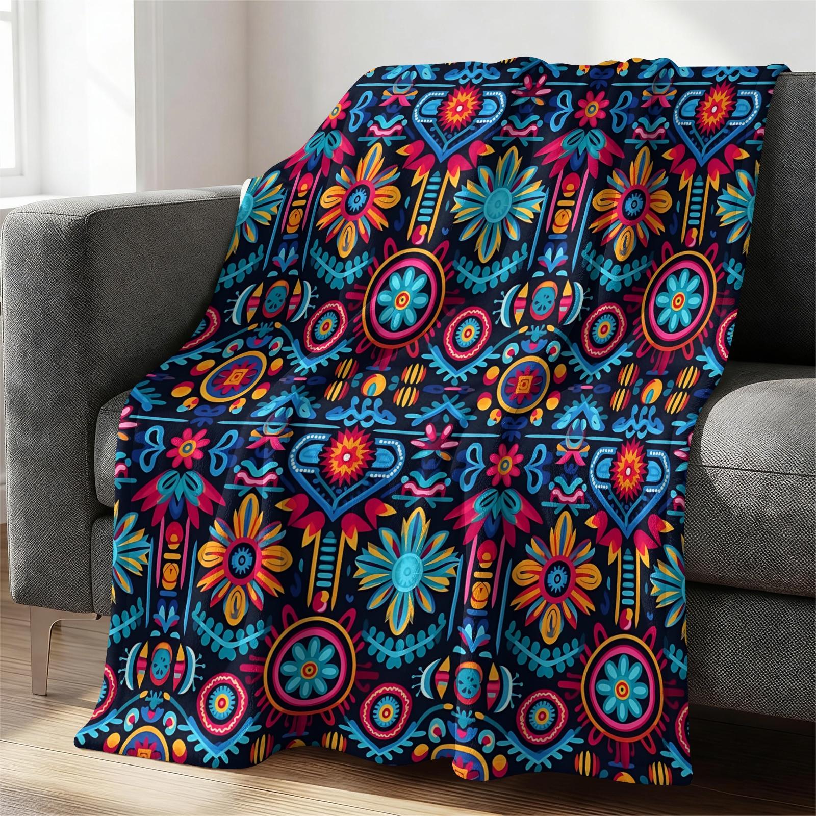1 Pcs Boho Tribal Print Flannel Blanket, Ethnic Aztec Pattern Throw Blanket, Ultra Soft Fluffy Warm Blanket, Vivid HD Digital Print, Perfect Cozy Gift Blanket for Sofa, Bed, Dorm, Camping, Travel, All Season Use