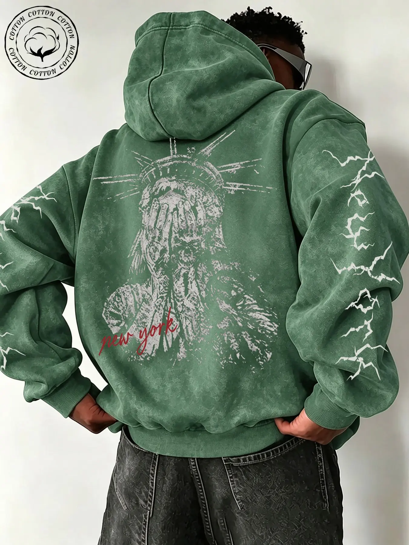 Unisex Multicolor Hooded Sweatshirt, Statue of Liberty Graphic Print, Soft Comfortable Washed Vintage Casual Style, Fashion Early Fall Wear
