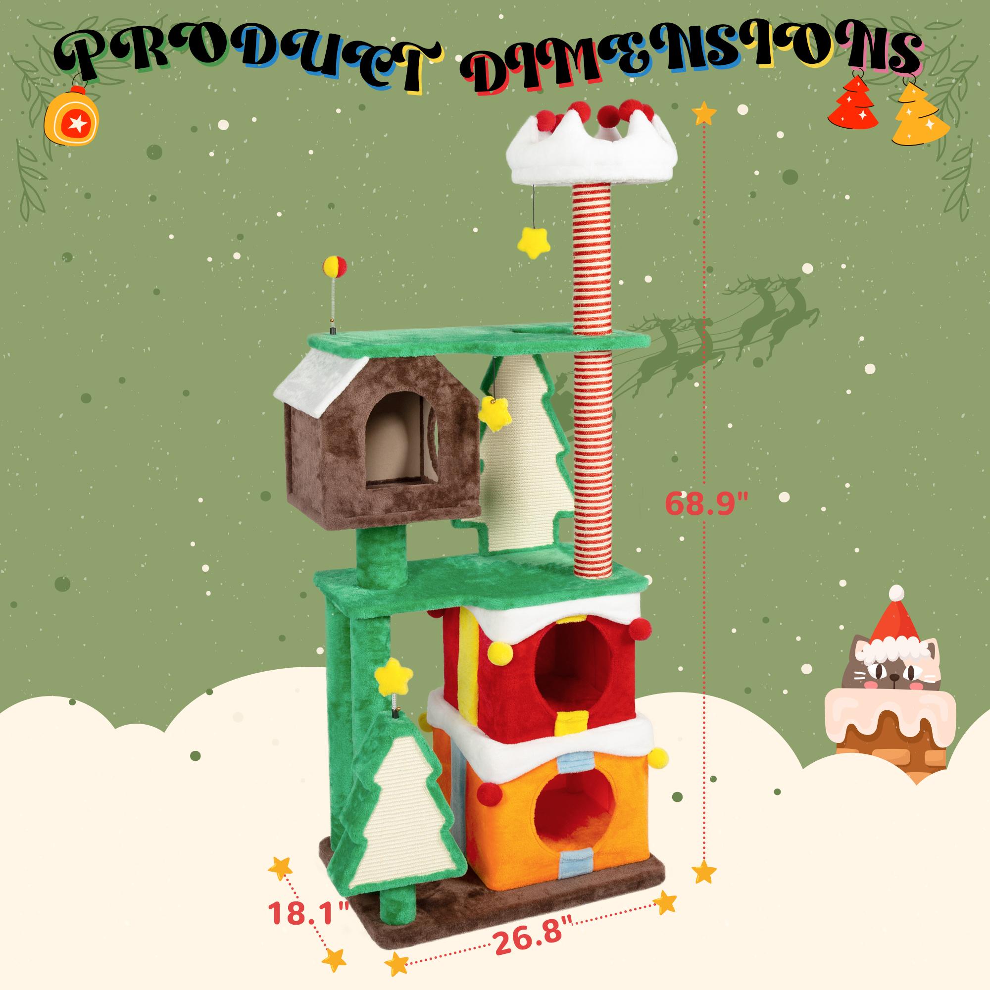 (34”-88.6″ H) Christmas Cat Tree with Cozy Bed, Holiday Cat Tower with Scratching Posts, Plush Cat Playground for Indoor Cats, Red and White