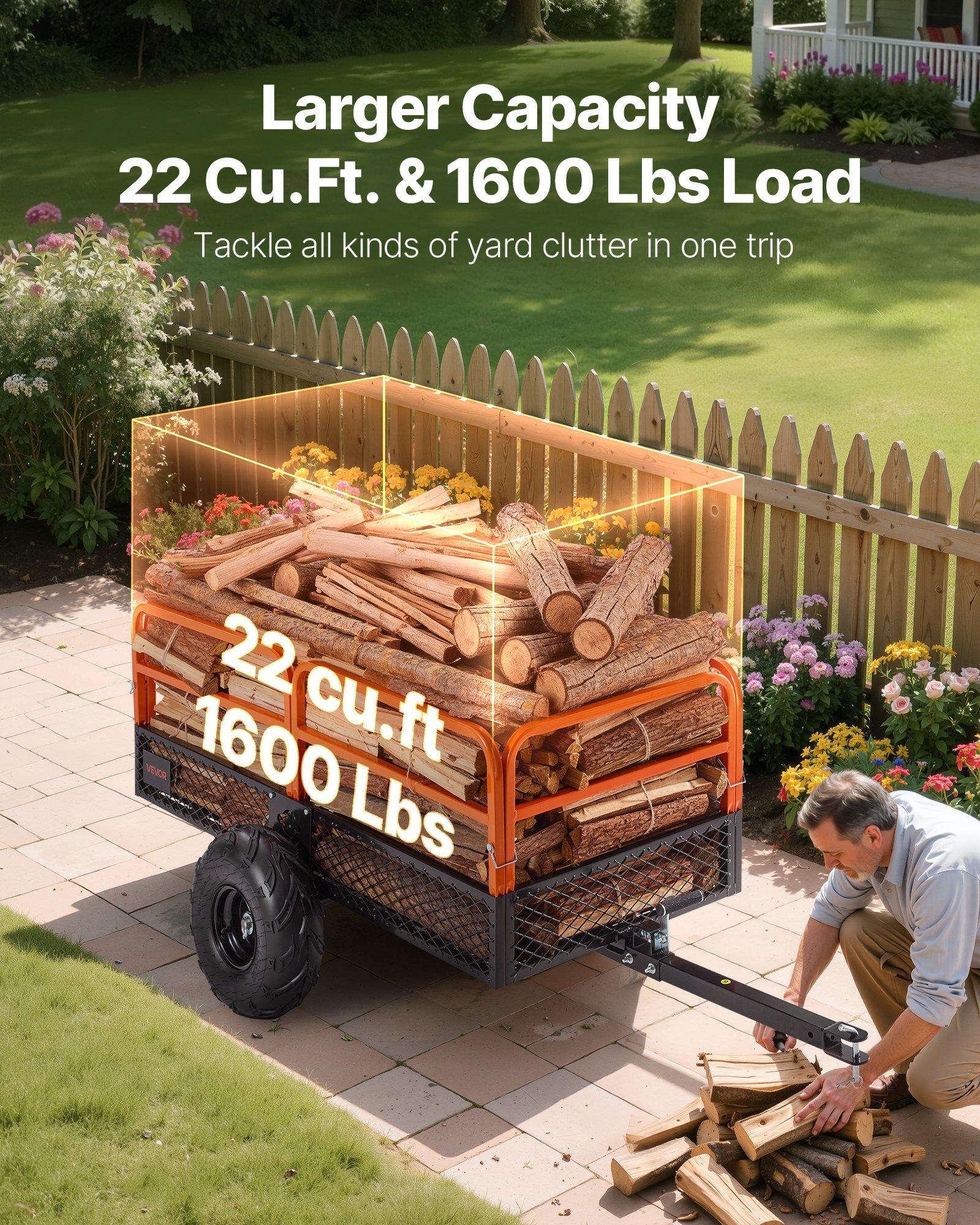 VEVOR Garden Utility Trailer, 22 Cu.Ft. & 1600lbs, ATV UTV Trailer, Tow Behind Steel Dump Trailers, Removable Rear Panel, Heavy Duty Pull Behind Yard Trailers for Lawn Mower Tractor Garden Waste