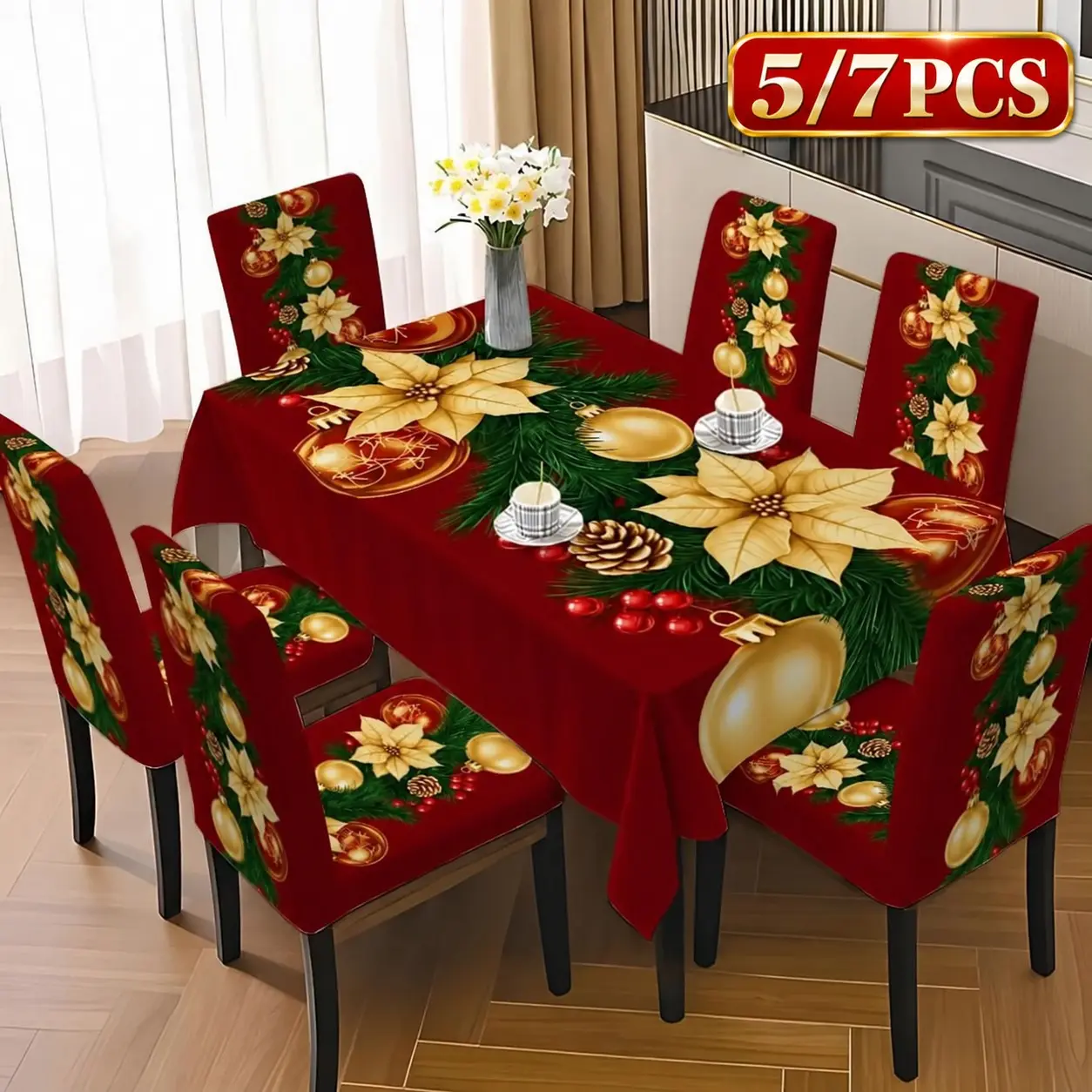 5/7 Piece Gold Poinsettia Ball Pinecone Print Tablecloth Chair Covers Set, Washable Christmas Holiday Decor for Home Restaurant Party