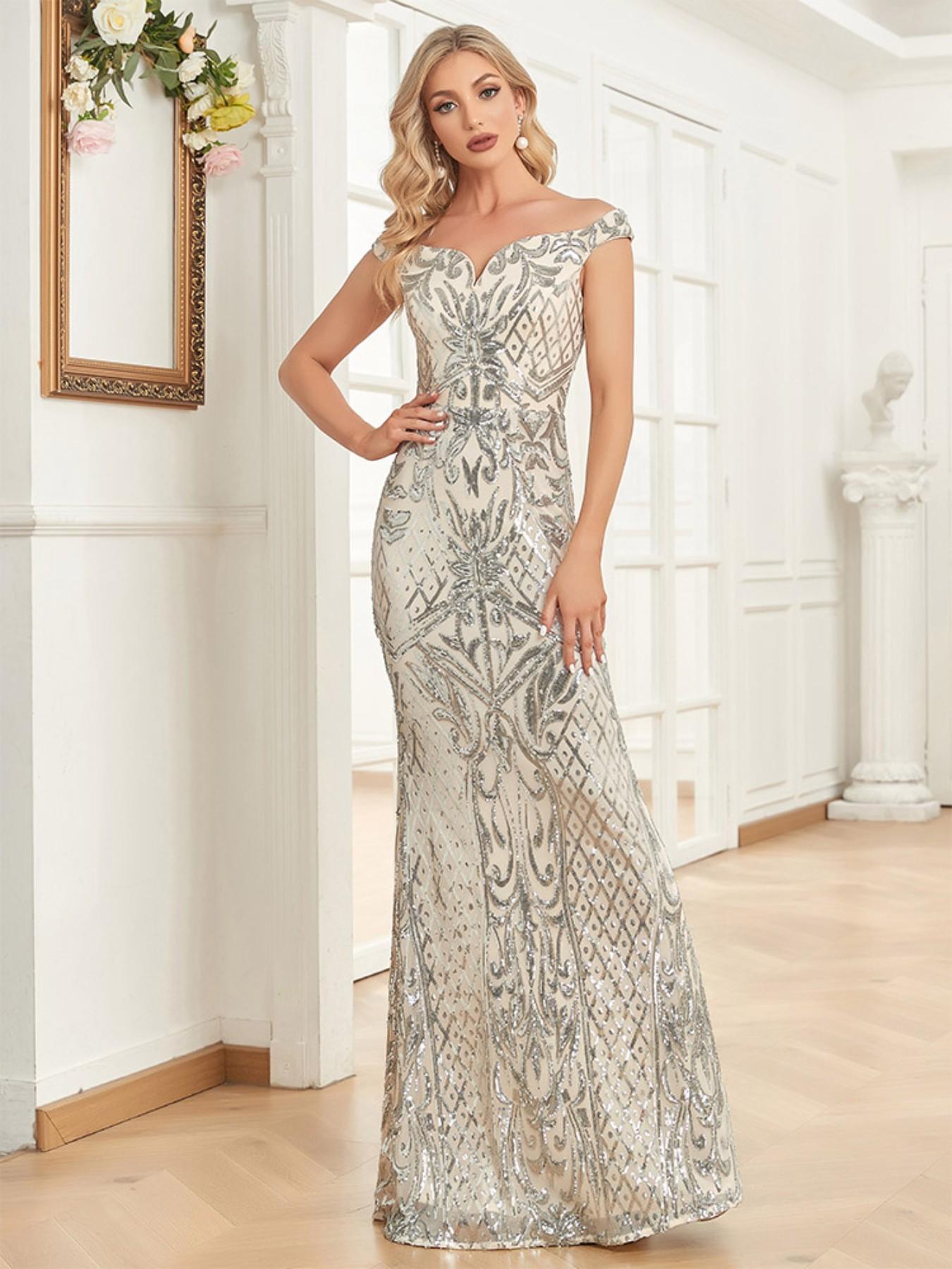 Shimmering Sequin Mermaid Formal Dress, Formal Wear, Off-Shoulder Sleeveless Bodycon Evening Gown, Full Embroidery Design, Evening Sequin Details, Perfect for Bridesmaids, Cocktail Parties, Special Occasions