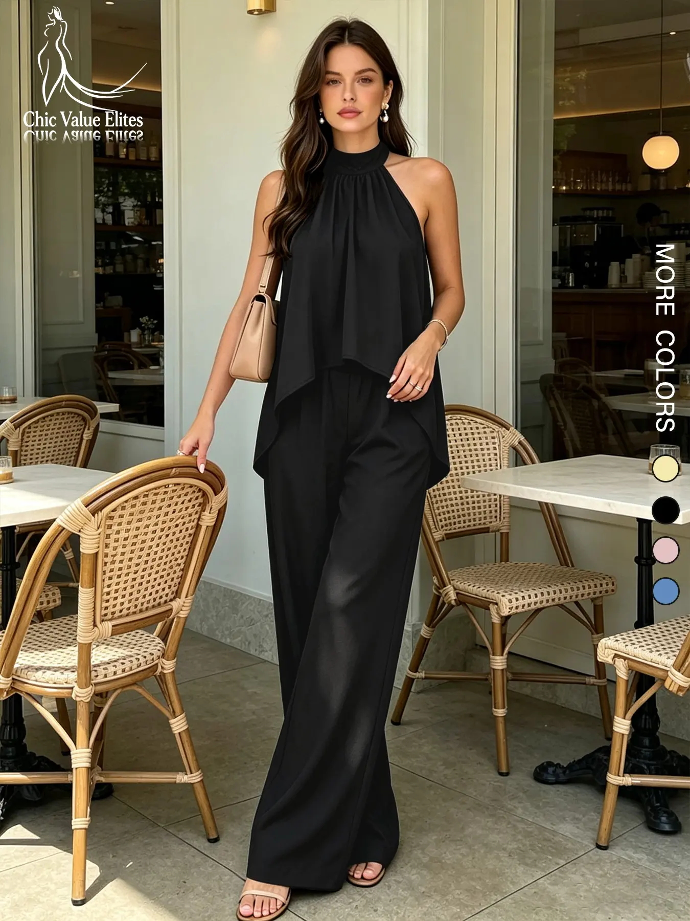 Women's Casual Fashion Halter Neck Vacation Style Commuter Two-Piece Set, European and American Cross-Border Spring Summer Sleeveless Top