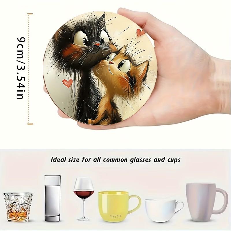 ☕ Cute Cat Wood Coasters Set of 6 - Aesthetic Couple Design for Coffee Lovers - Heat Insulation Pad for Kitchen Counter Tea Party - Rustic Home Decor Accessories