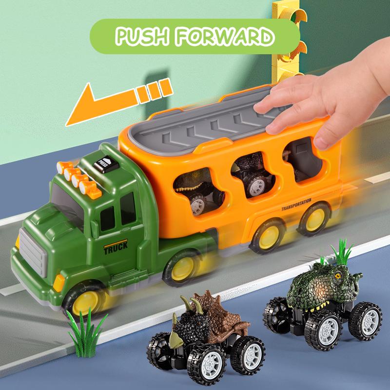 7 in 1 Dinosaur Transport Truck Toy Gifts with Mini Dinosaur lover Figures and Race Cars with Lights and Sounds Educational Play Set for Kids Birthday Christmas