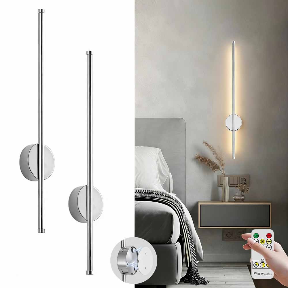 Modern LED Rechargeable Wall Light, Adjustable Wireless Wall Lamp with Remote, 3 Color Temperatures, 19.7 Inch Chrome Finish, Bedroom Living Room Hallway