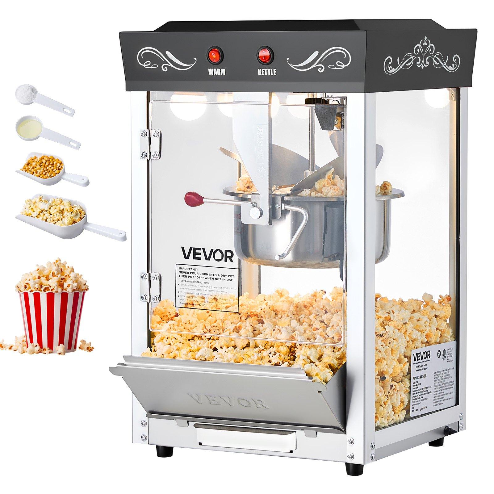 VEVOR Commercial Countertop Popcorn Machine for Commercial Users, 8 oz Stainless Steel Kettle, 800W Power, 48 Cups Per Batch, 20 Lbs/ 9.43 Kg Capacity, 2-Button Control, Glass Door, PC Wall, 1 Scoop, 3 Spoons, Black