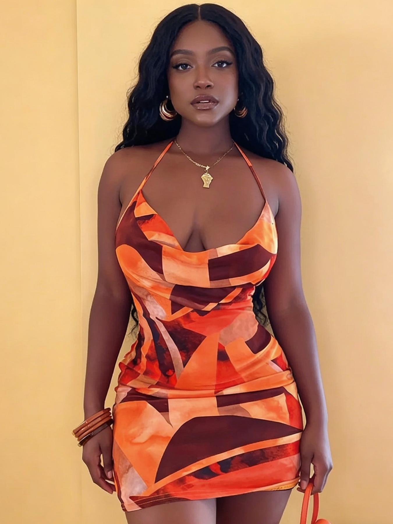 A set of women's casual contrasting printed neck hanging dress with a spicy girl style deep V slim fit hip hugging short skirt for vacation and dating, suitable for summer, suitable for home, indoor, and outdoor wear