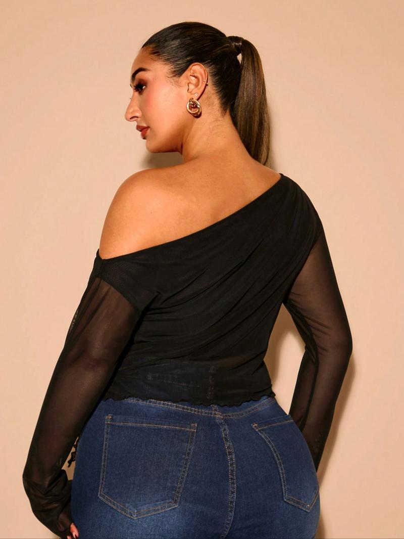Plus Size Women's Mesh Top, Asymmetrical Shoulder Drawstring Long Sleeve Shirt, Semi-Transparent Slim Fit, Casual & Formal Wear