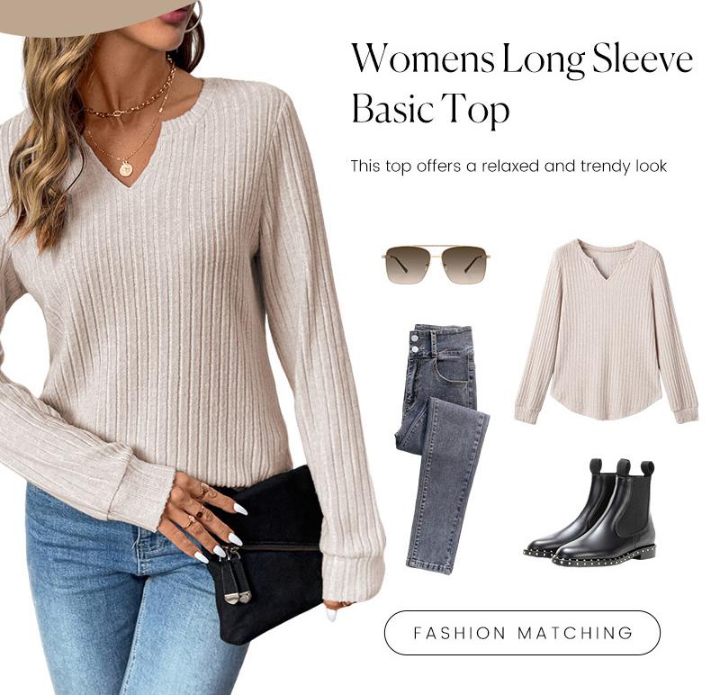 Shewin 2026 Spring Cozy Soft Ribbed Knit Striped Blouse Women's V-Neck Long Sleeve Pullover Top Comfy for Work & Casual Daily Looks in Viscose & Polyester Blend