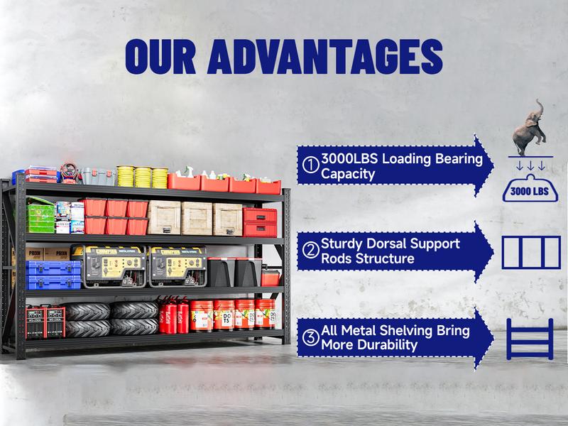 Letaya 71"W Metal Storage Shelves, 5000LBS Heavy Duty Garage Shelving Units, Storage Rack and Industrial Shelf for Warehouse 71"W x 24"D x 69"H,Black