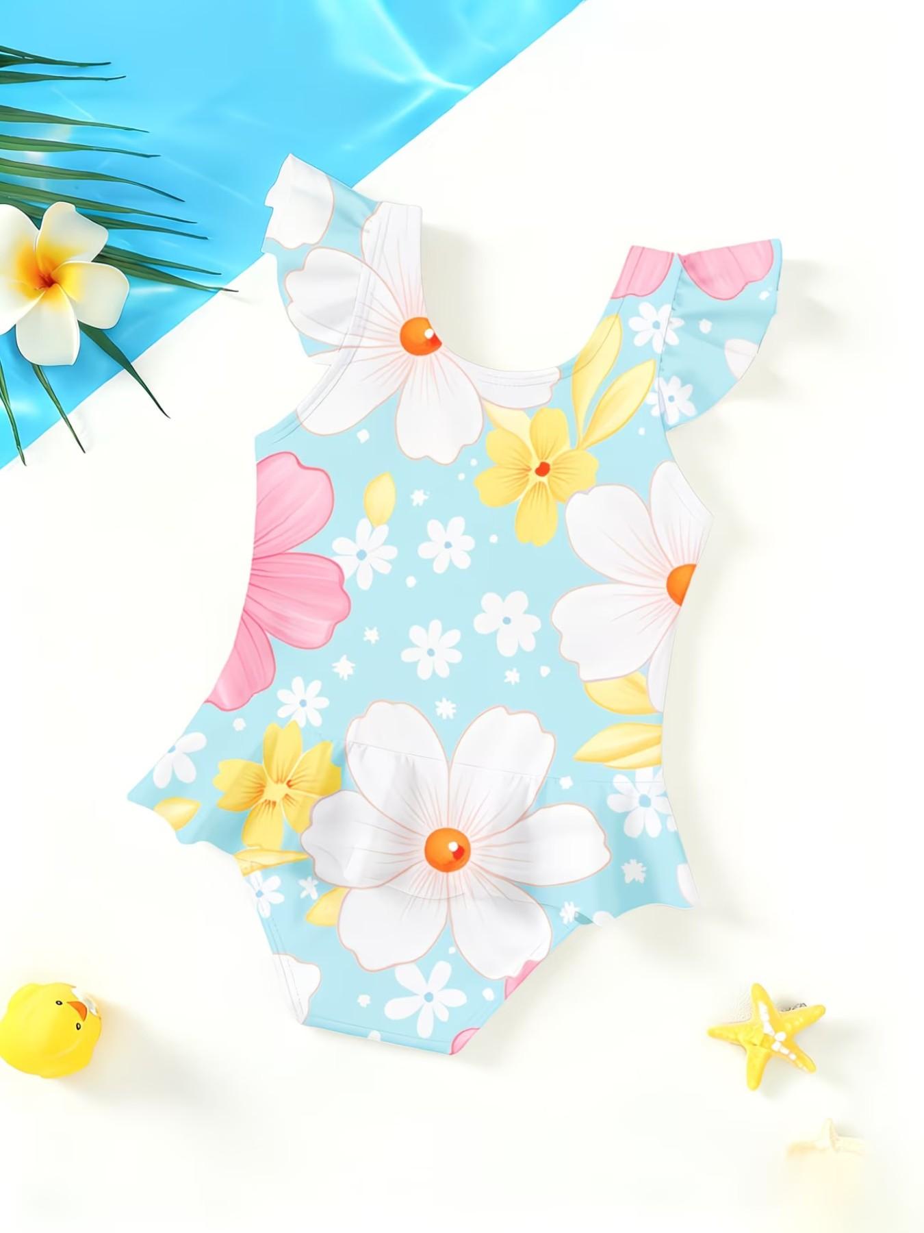 Girls' Floral Pattern Jumpsuit, Cute Cartoon Print, Ruffled Quick-Dry Swimwear, Fashionable Beach Party, Sporty Style