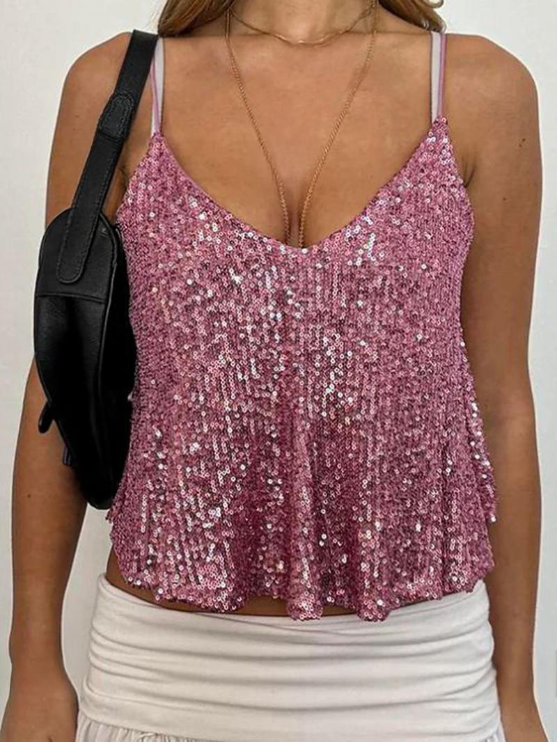 Women's Sexy Sequined Summer V-Neck Halter Top, Light-Ripe Style, Sparkling Backless Vest, Perfect for Parties and Events