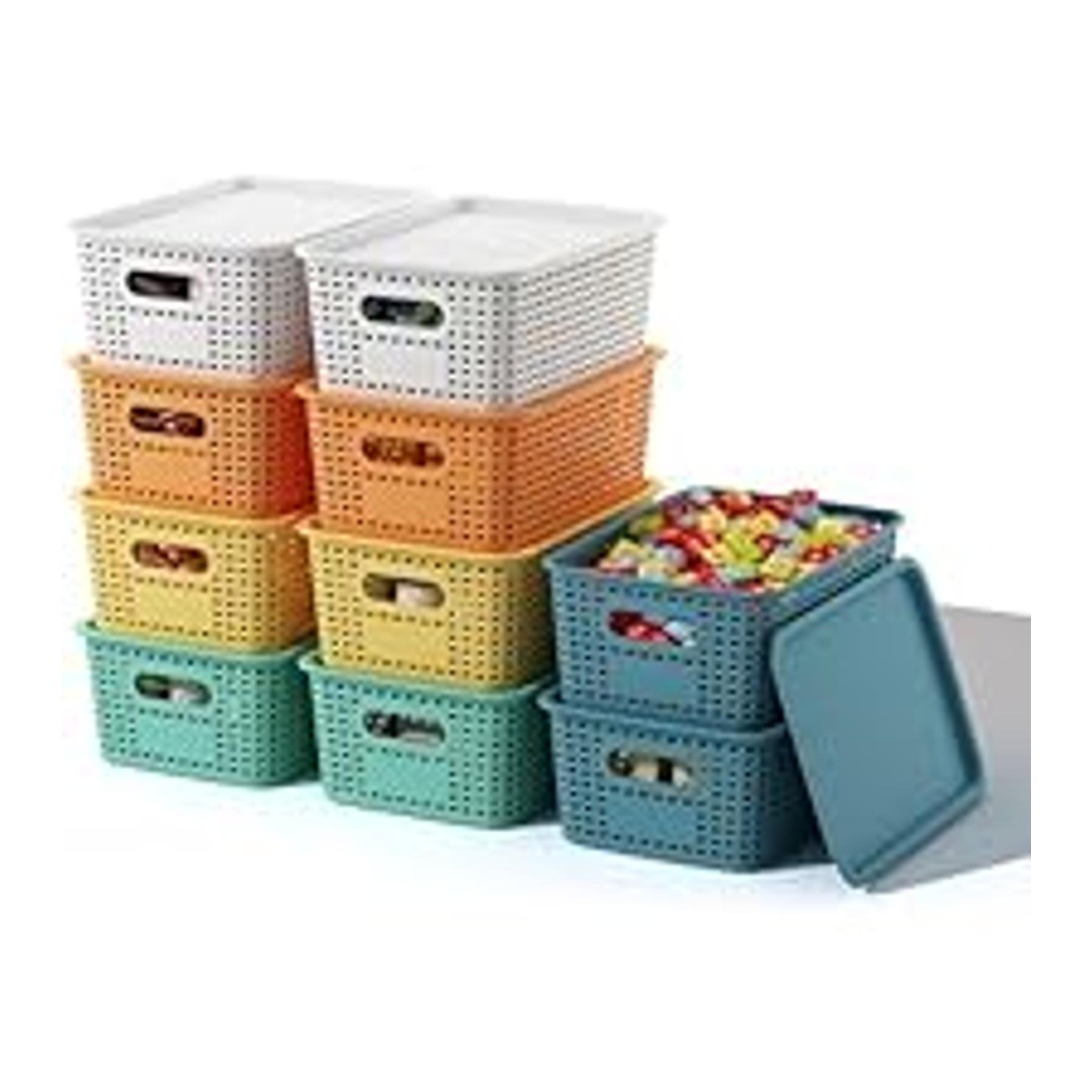 8-Pack Plastic Colorful Stackable Storage Bins with Lids & Handles - Home Organiser for Cabinet, Laundry Room, Shelves; 9.85x6.9x5.7in Craft/Snack Storage Containers