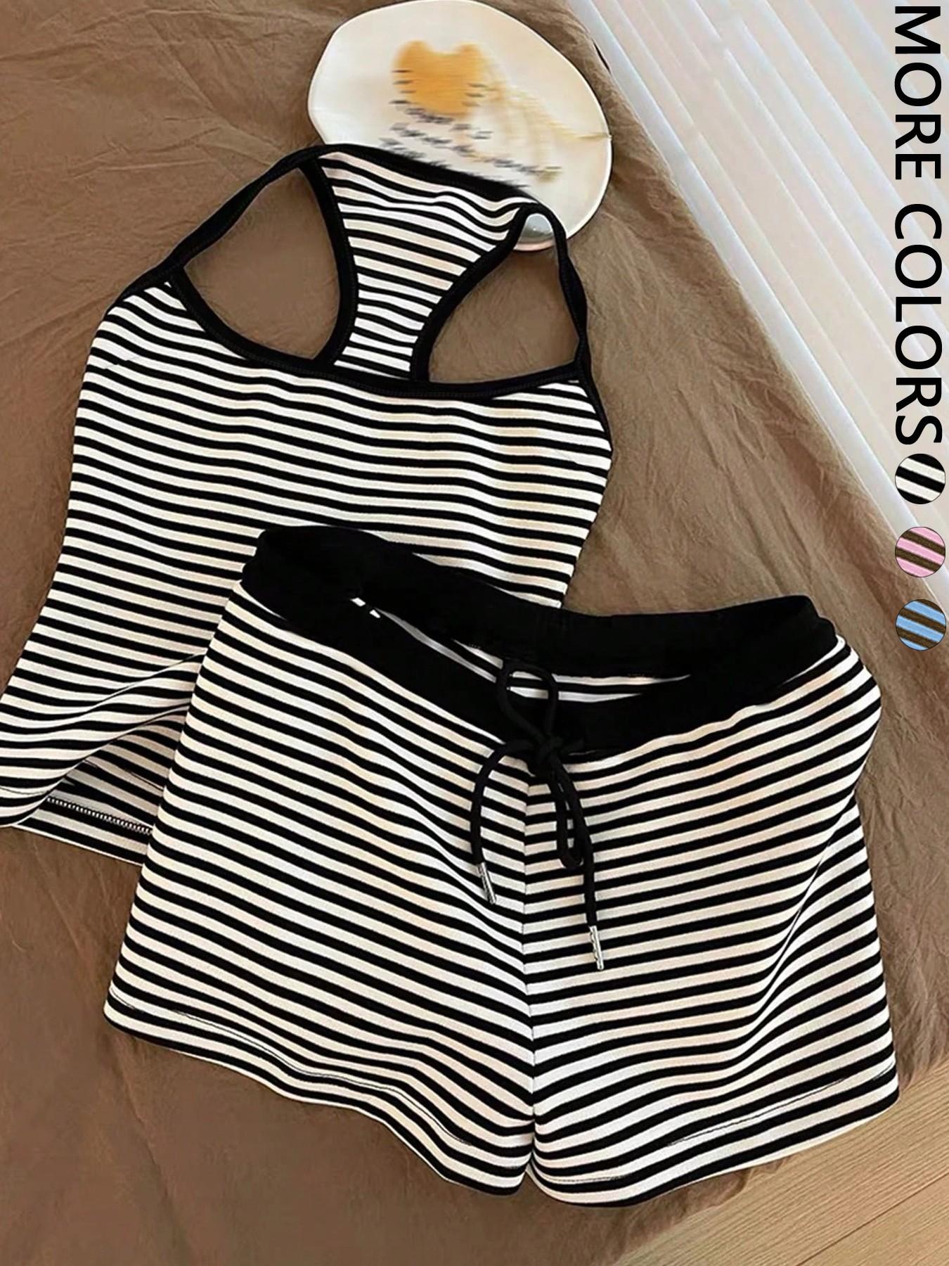 Basic Striped Casual Matching Set for Women - Halter Sleeveless Crop Top &  Shorts Beach Vacation Outfits