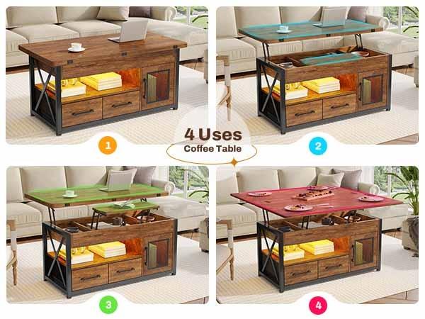 Sikaic 40 Inches 4 In 1 Lift Top Coffee Table With Storage Cabinet 2 Fabric Drawers & LED Light For Dining Room Livingroom Furniture Luxury Modern Interior