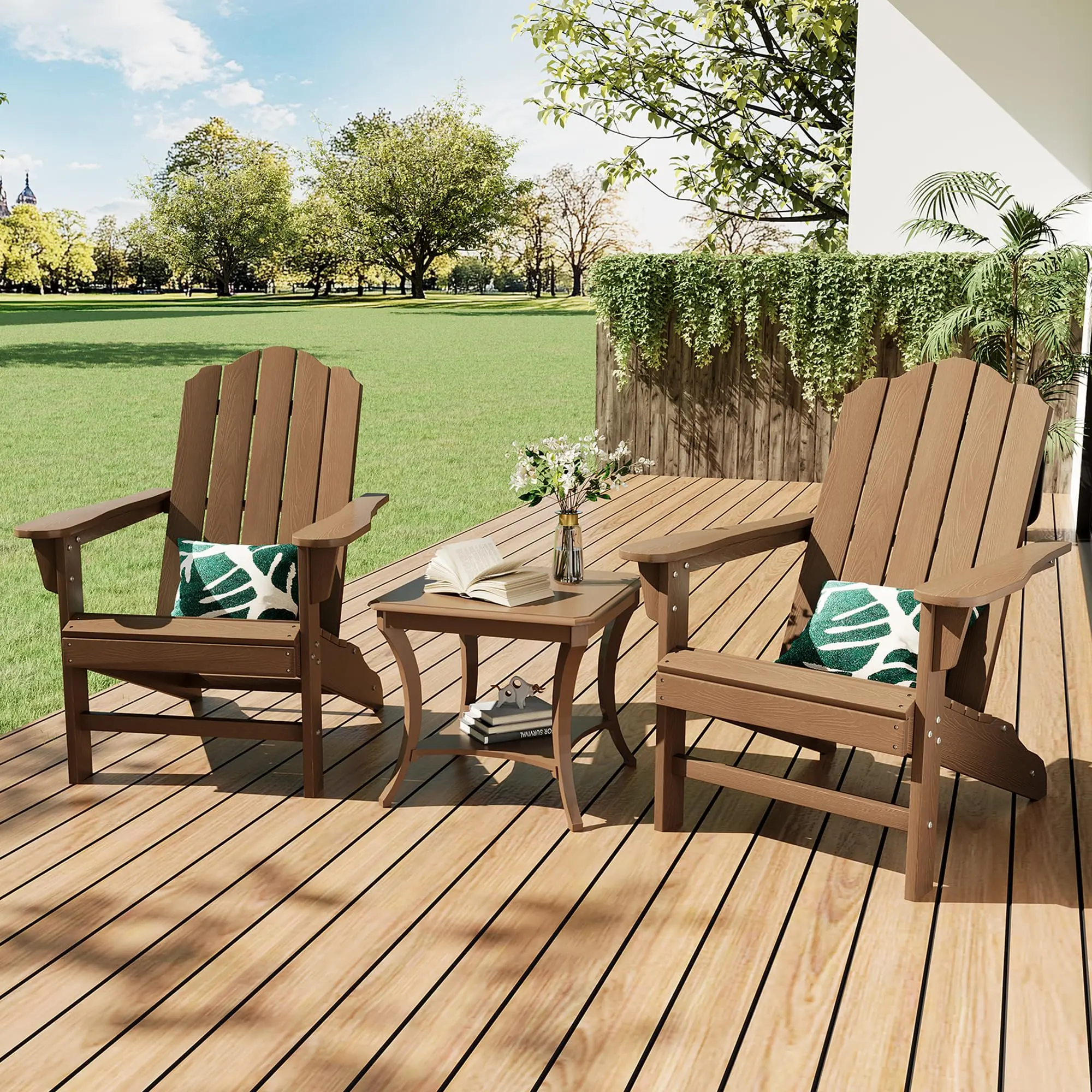 2-Piece HDPE Plastic Adirondack Outdoor Patio Chairs - Wood Look, Waterproof, UV Resistant, Ergonomic Garden Seating