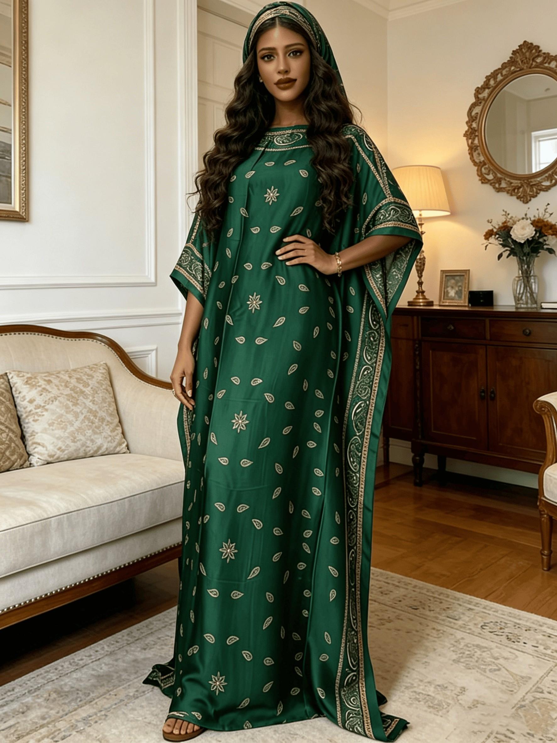 2026 New Women's 2 Piece Emerald Green Paisley Print Kaftan Maxi Dress with Matching Statement Scarf, Silky Loose Pleated Robe, Plus Size Friendly, Summer Beach Cover Up, Resort Vacation & Evening Party Wear