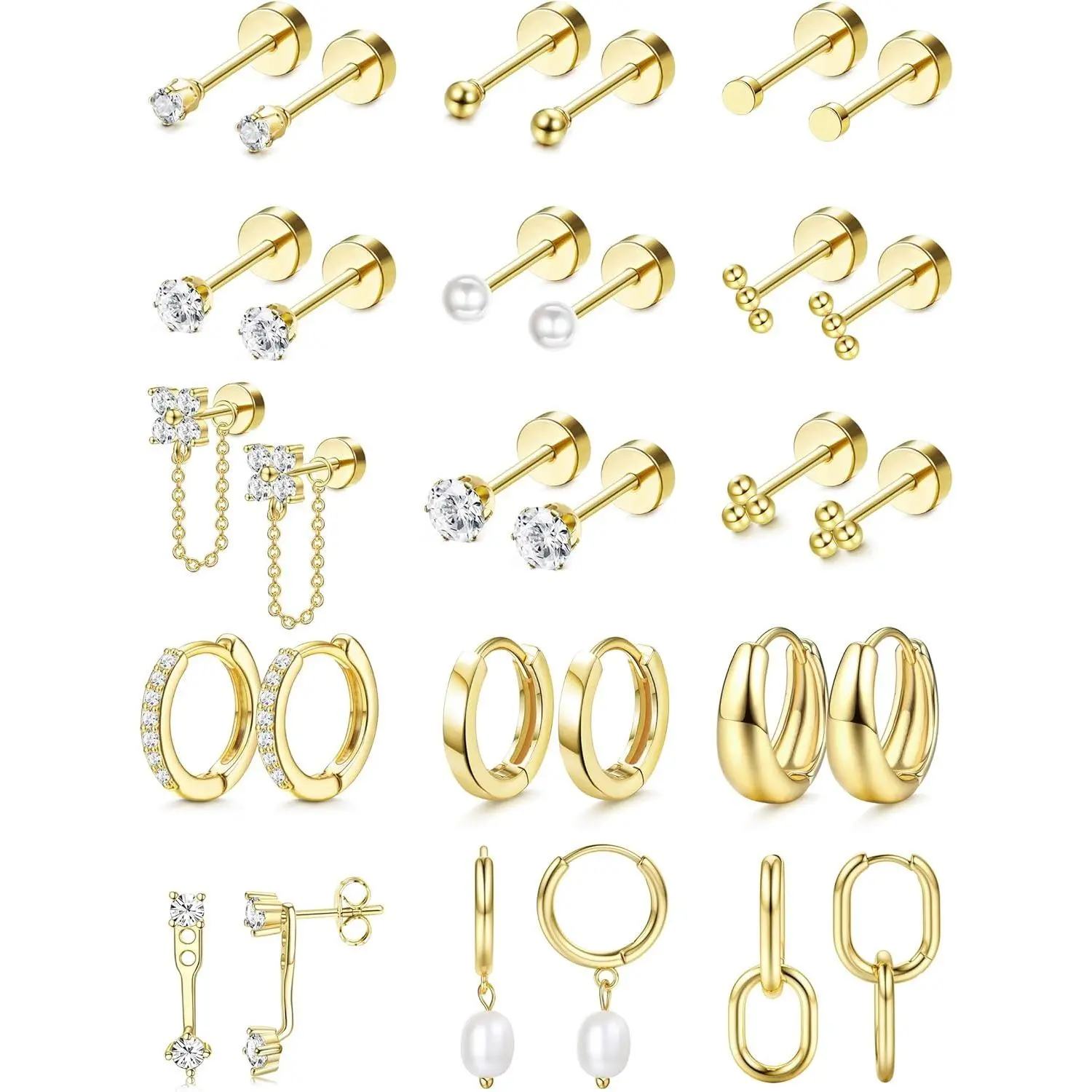 CASSIECA Women's 20G Hypoallergenic Surgical Steel Flat Back Earrings Gold Toned, Silver Tone Metal Hoops/Studs for Sensitive Ears, Helix Piercings, Double Stacked Earring Stacks, Earring For Women, Helix Piercing Earrings Sohochic