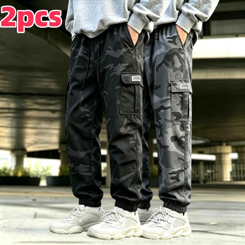 Men 2 Pack Camo Multi Pocket Cargo Work Pants, Lightweight Thin Breathable Fabric, Adjustable Drawstring Waist, Flap Utility Pockets, Loose Fit Casual Bottoms, Versatile Spring Summer Pants for Daily & Outdoor Use