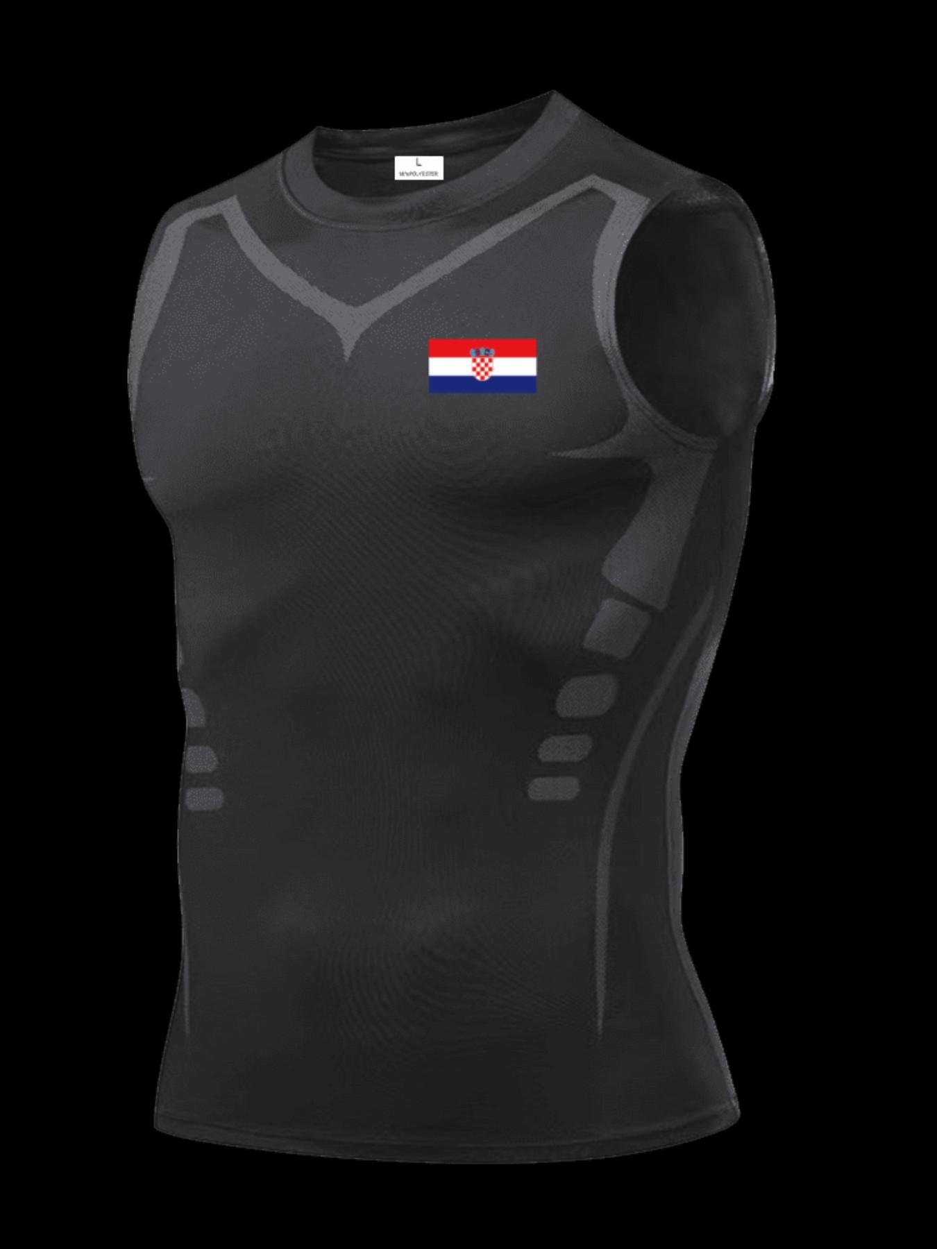 Men's Short Sleeve Sporty Slim-Fit Knitted Top, Quick-Dry Breathable Croatia Pattern, Ideal for Gym, Running, Boxing, Outdoor Activities