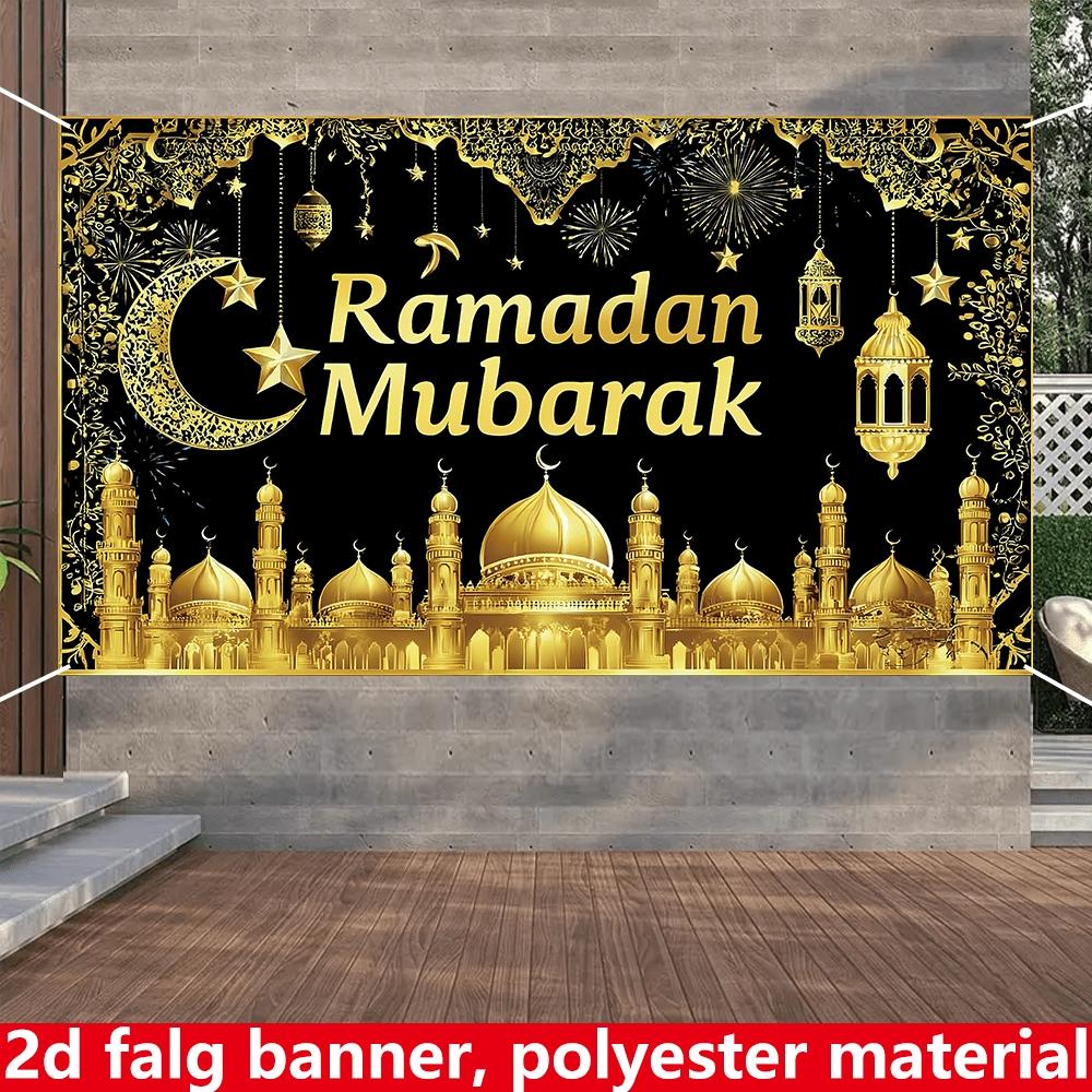 Ramadan Mubarak party banner, black and gold lantern fireworks themed background fabric, Eid al Fitr decoration supplies, polyester material, suitable for photo booths, parties, birthdays, celebrations, holiday party supplies, Party Decorations Banners