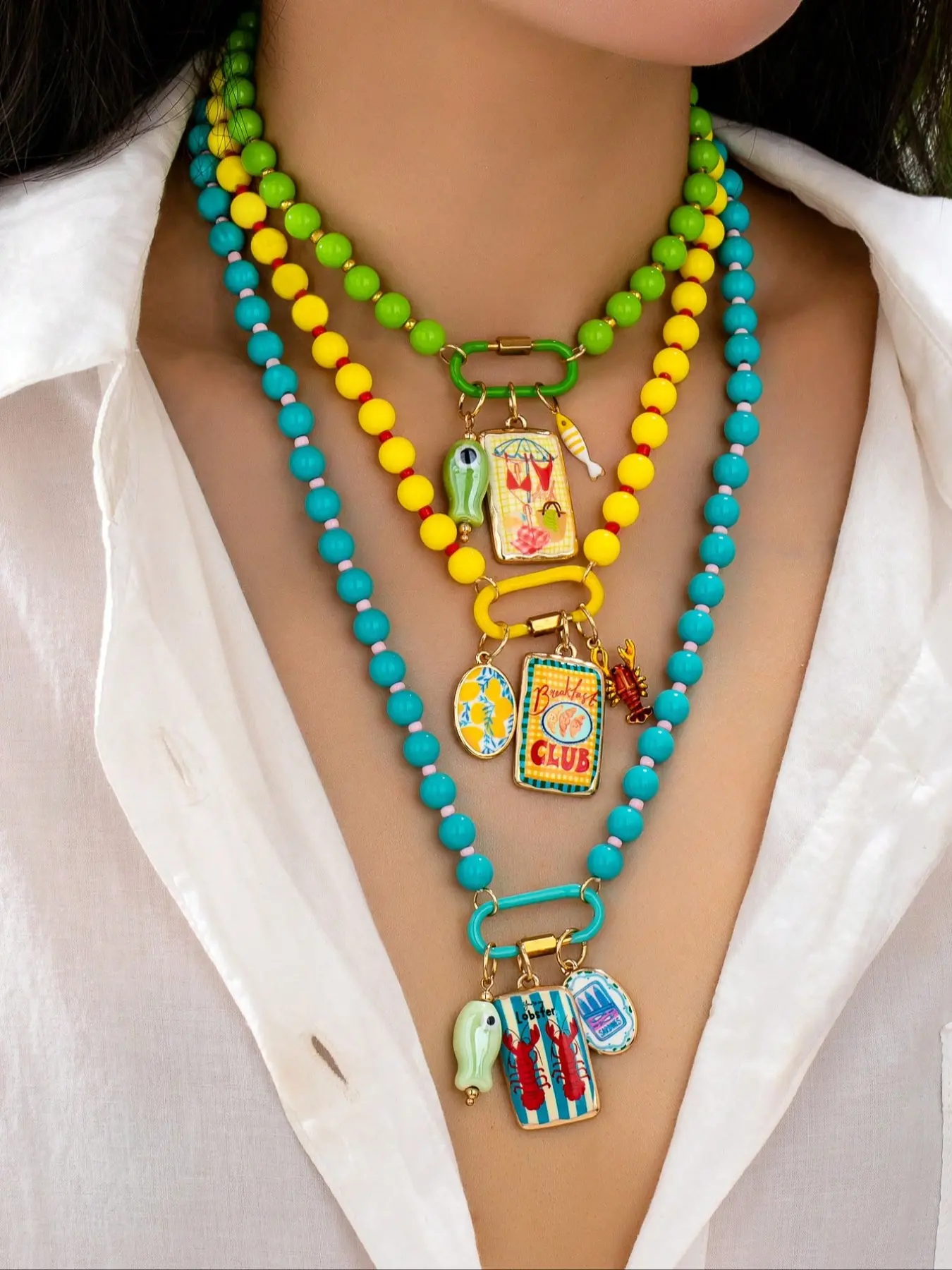 3Pcs Summer Ocean Themed Beaded Charm Necklace Set - 3PCS Dopamine Green & Blue Layered Mixed Necklaces with Enamel Lobster ,Beach Vacation  Jewelry, Dainty Layering Jewelry