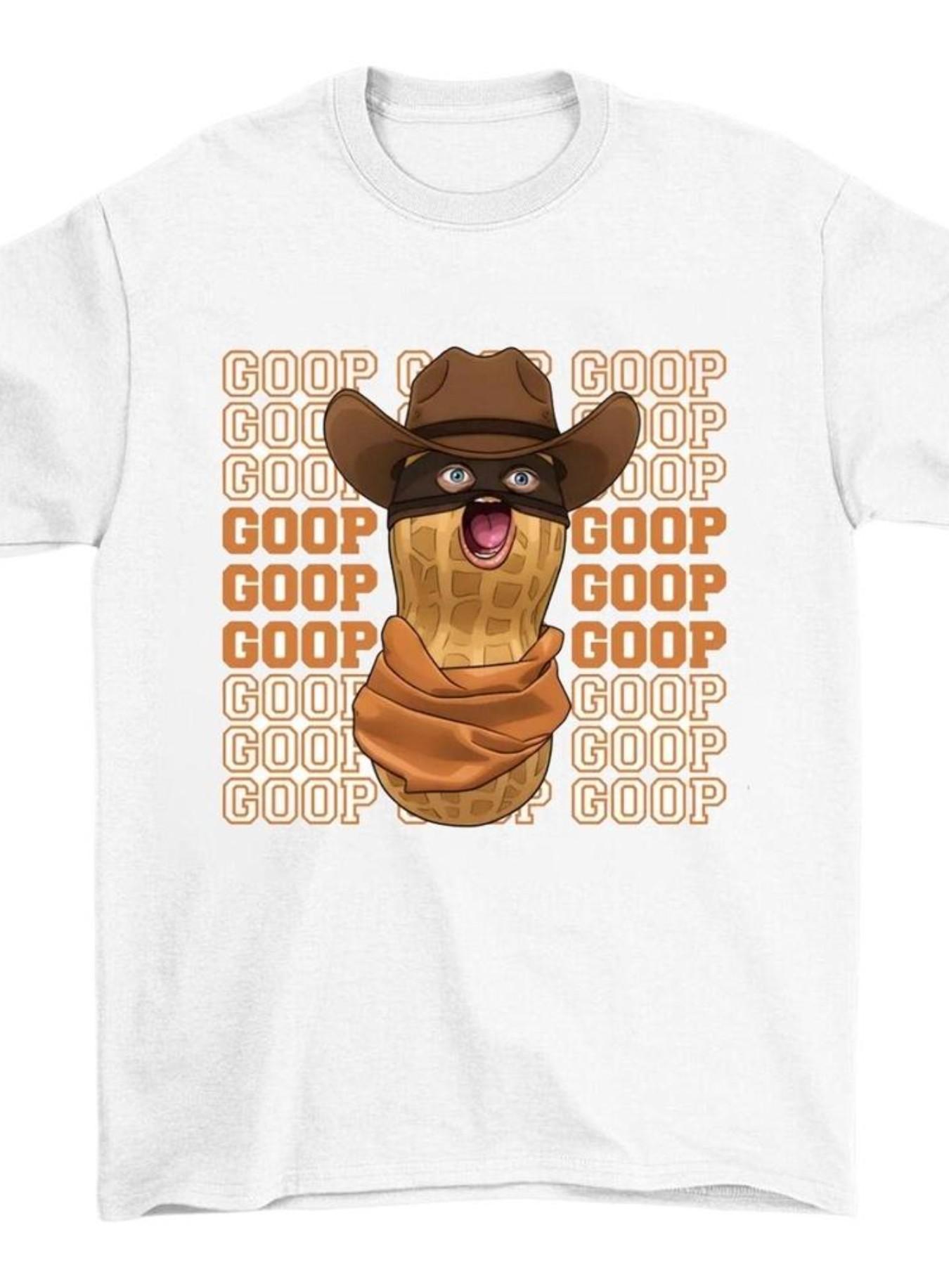 Cartoon Masked Peanut Man Goop Letter Print T-Shirt, Unisex Summer American Retro Loose Short Sleeve Top, Casual Geometric Pattern