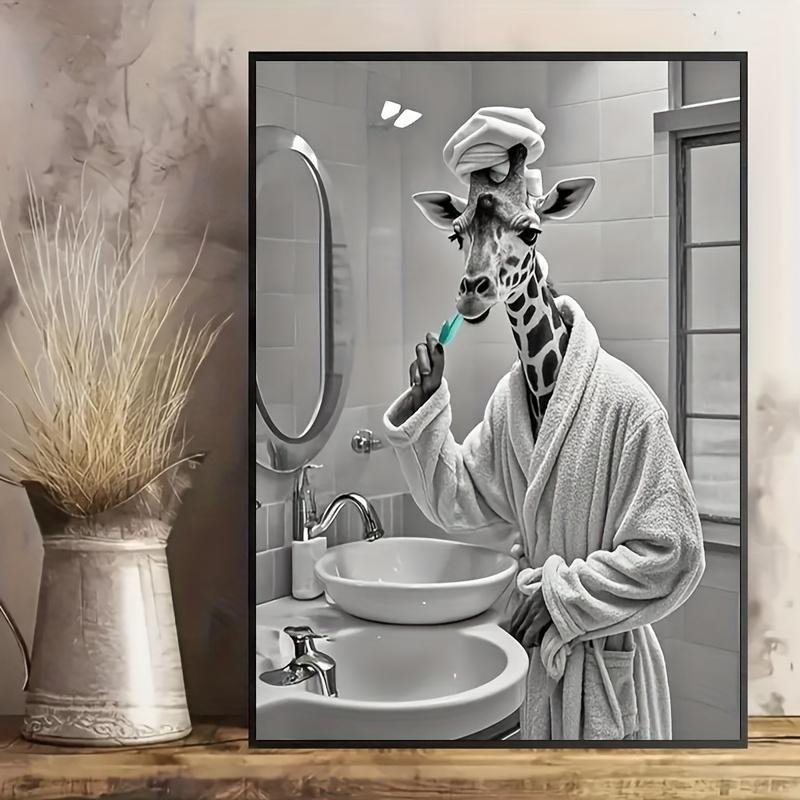 Wearing Robe Giraffe Brushing Teeth Canvas Print - 40.01x 59.94cm , HD Waterproof Wall Art, Frameless Modern Decoration, Suitable for Bathroom, Bedroom, Living Room or Office, Unique Gift Idea, Animal Art Print, Giraffe Poster, Canvas Artwork, Office Artw
