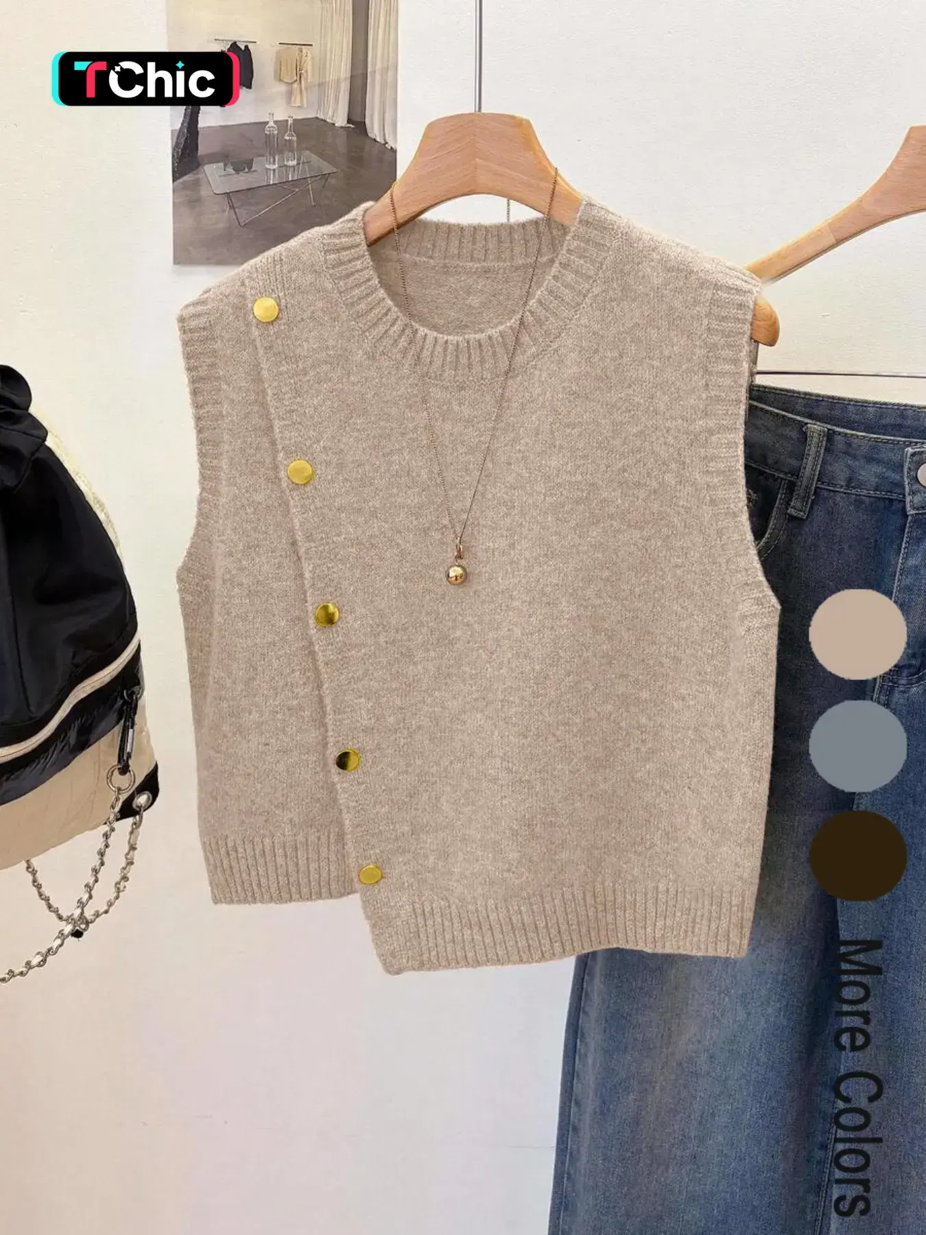 Pure Color Cropped Round Neck Asymmetric Metal Button Design Fashion Layering Sleeveless Knit Vest, Casual Loose-Fitting Outer Vest